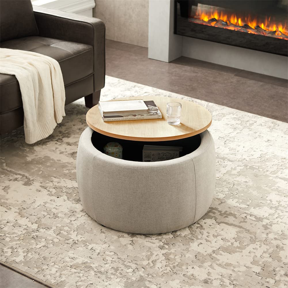 2-in-1 Round Storage Ottoman with Removable Tray - Upholstered Pleated Footrest Stool & Coffee Table - Light Grey Accent Furniture for Living Room, Bedroom, Vanity | Perfect as Makeup Stool, Side Table & End Table