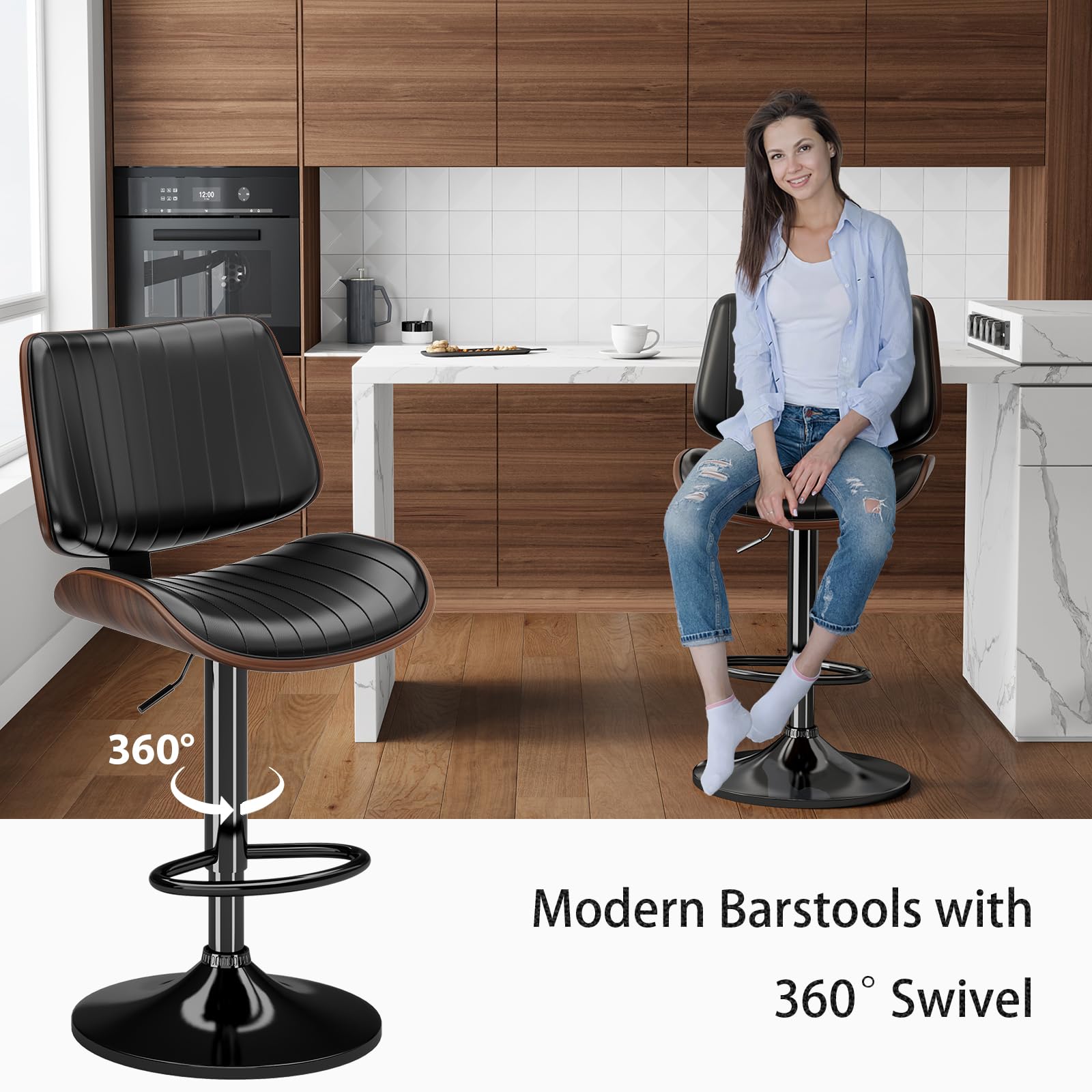 **4-Pack Adjustable Swivel Bar Stools with PU Leather Upholstery & Footrest - Modern Bentwood Bar Chairs for Kitchen Island, Counter, Dining Room & Home Bar - Black (Perfect for Entertaining & Casual Dining)**