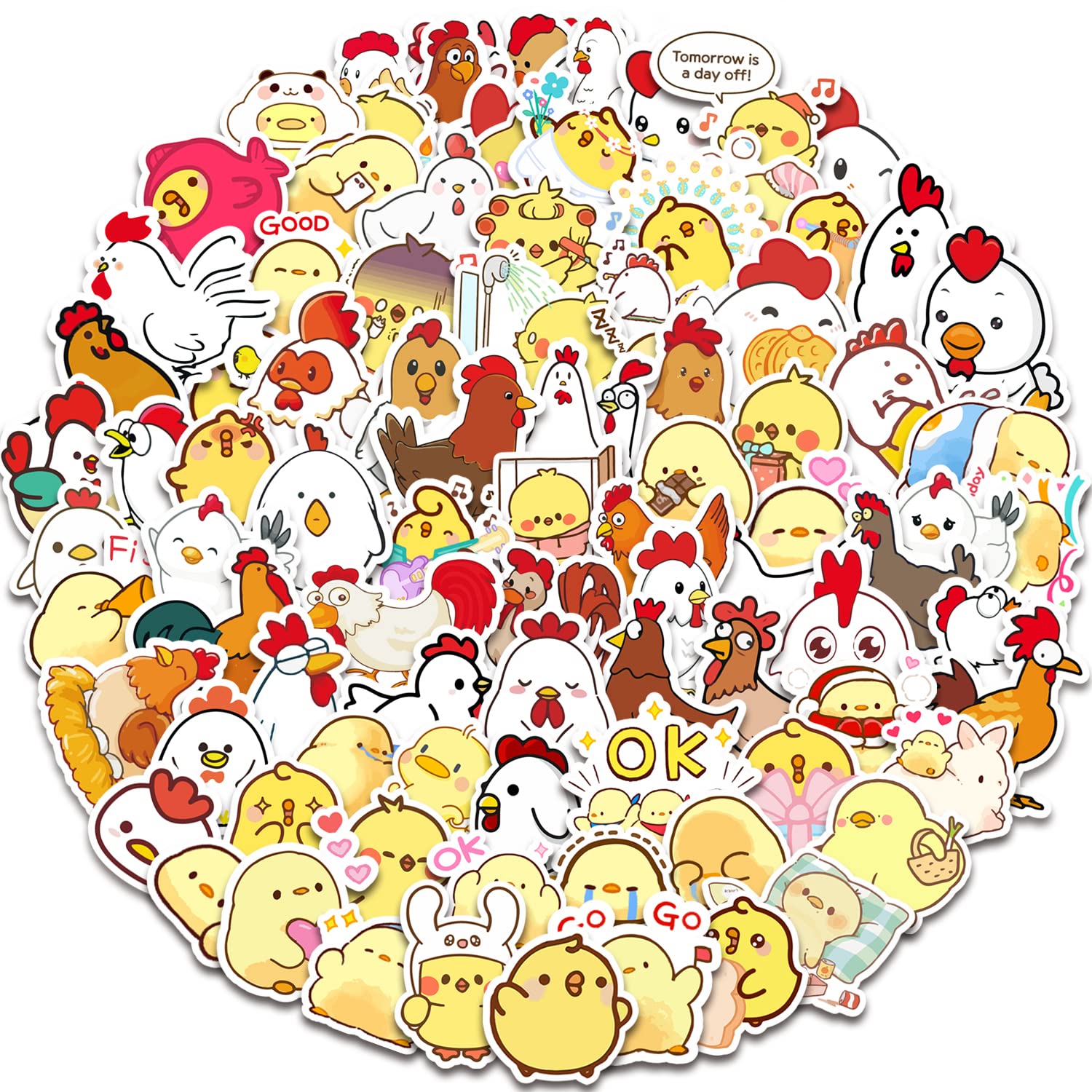100 PCS Cute Yellow Chicken Vinyl Waterproof Stickers - Decals for Laptop, Guitar, Motorcycle, Bike, Skateboard, Luggage, Phone, Hydro Flask - Perfect for Kids, Teens, Birthday Parties & DIY Crafts