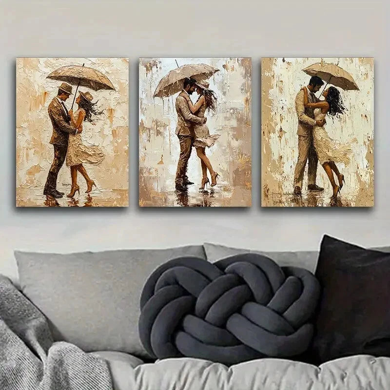 3-Piece Couple Walking in the Rain Metal Wall Art - Ready to Hang Romantic Home Decor for Living Room, Bedroom & Office