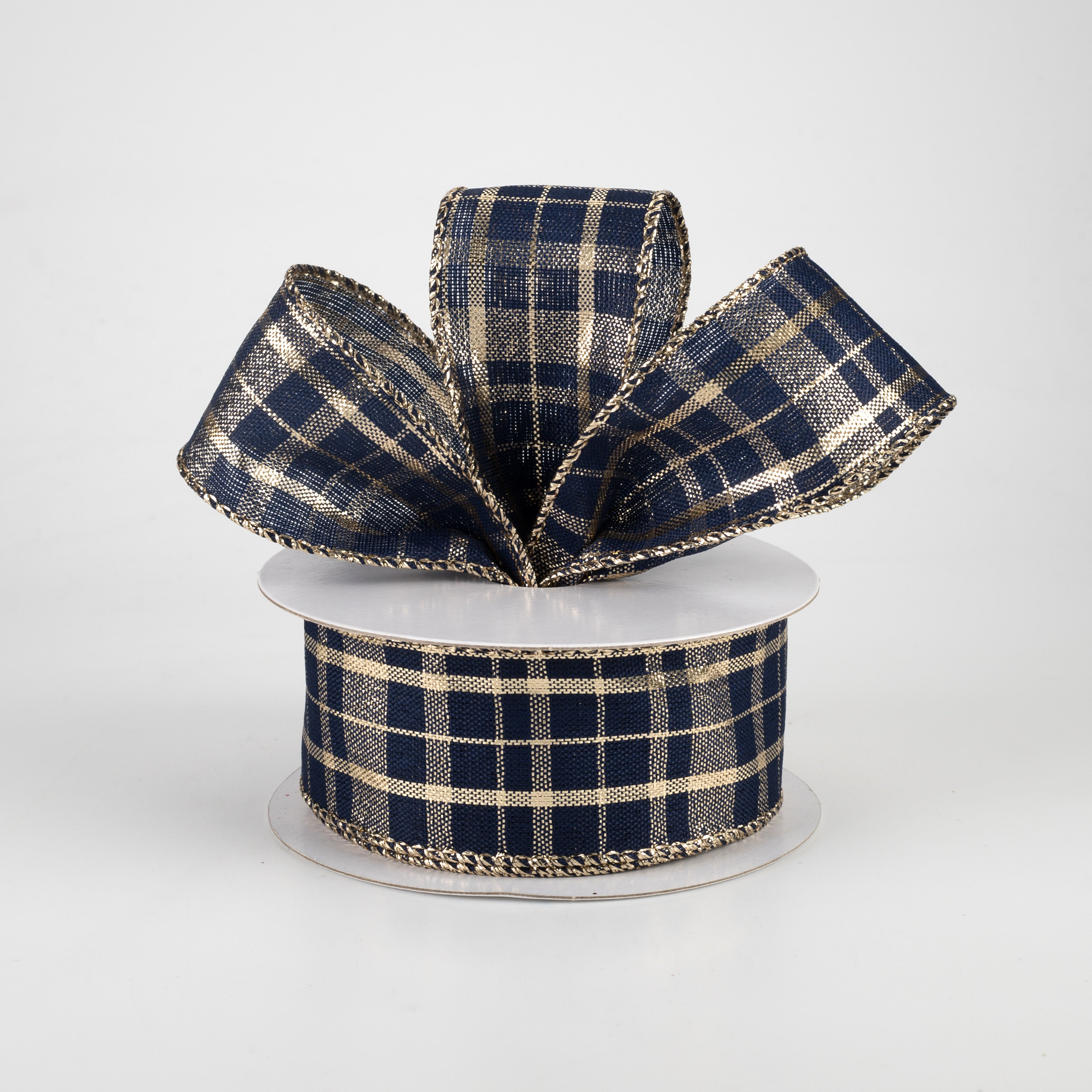 1.5 Inch Metallic Gina Plaid Ribbon - Gold & Navy Blue Grosgrain Ribbon (10 Yards) for Gift Wrapping, DIY Crafts, Scrapbooking & Holiday Decorations
