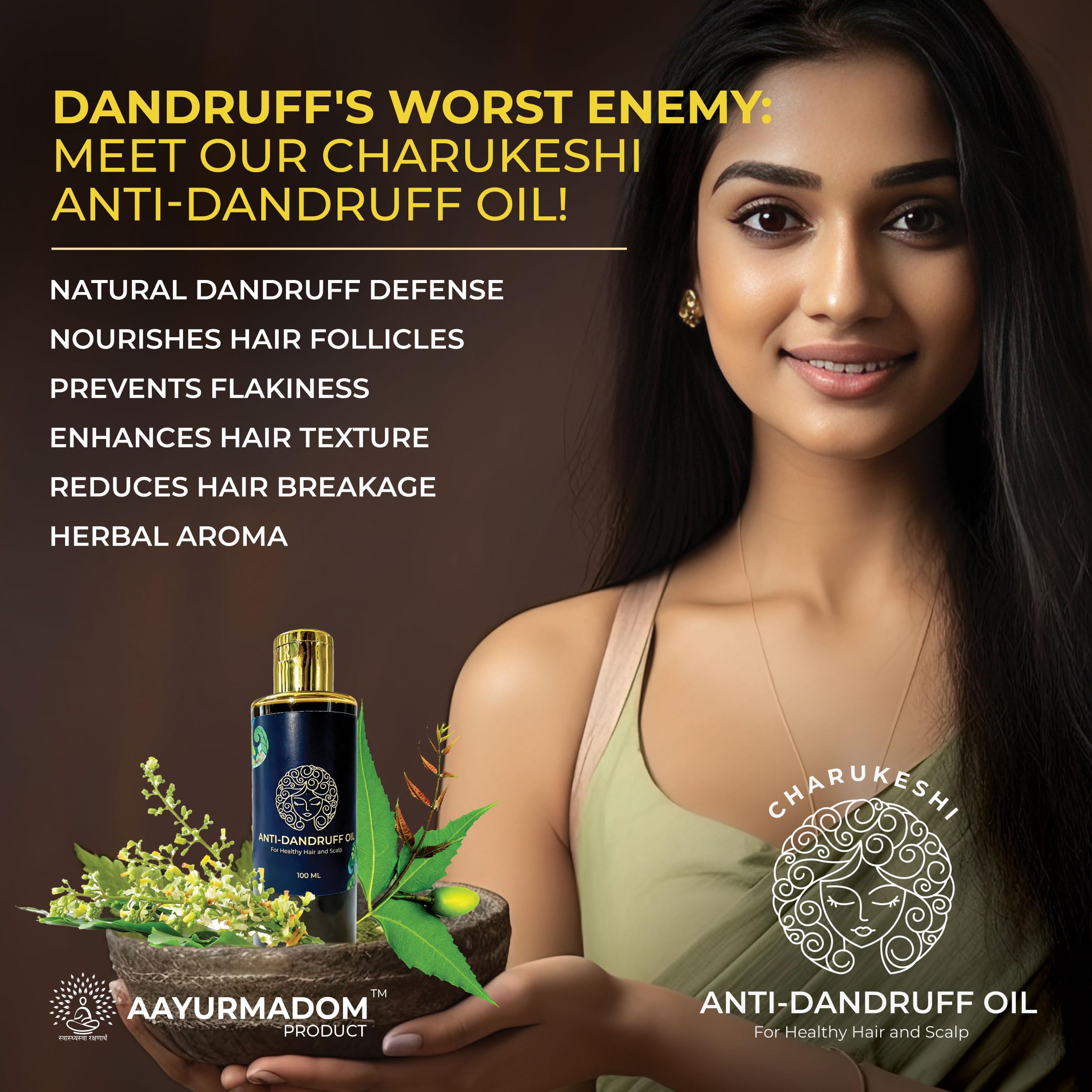 Aayurmadom Charukeshi Anti-Dandruff Hair Oil with Tea Tree, Coconut, Sesame & Neem Oils | 100% Natural, Chemical & Paraben Free | Scalp Treatment for Women & Men | 100ml | Promotes Healthy Hair Growth & Soothes Itchy Scalp