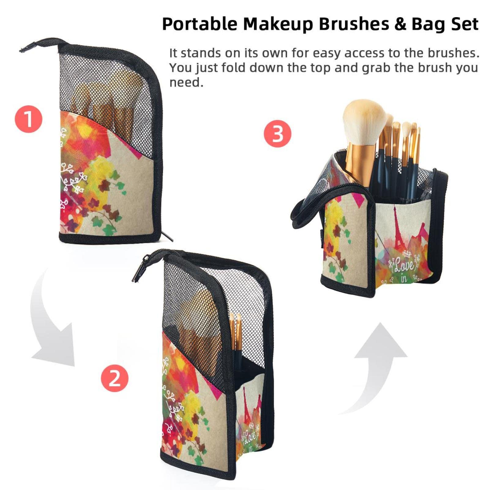 Watercolor Love in Paris Makeup Brush Organizer Bag with 12 Brushes - Portable Travel Makeup Brush Holder Case for Professional Artists & Beginners - Perfect for Home, Travel, and Salon Use
