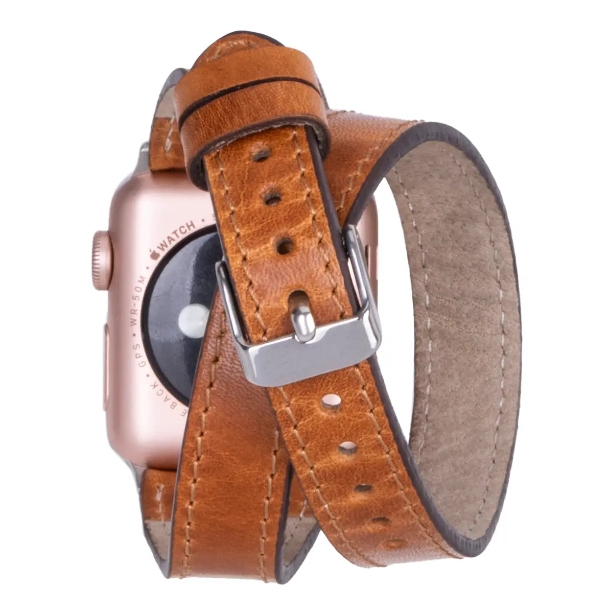 Camel Brown Leather Double Tour Slim Apple Watch Band with Silver Rivet - Stylish & Durable Replacement Strap for Work, Travel & Everyday Wear