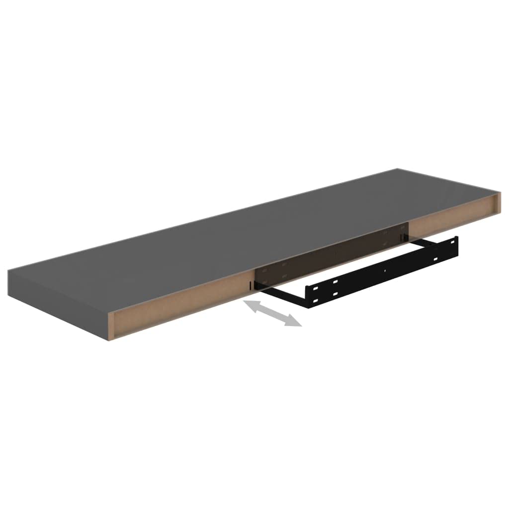 Floating Wall Shelves Set of 2 - Modern High Gloss Gray MDF Wall Mounted Shelves 35.4