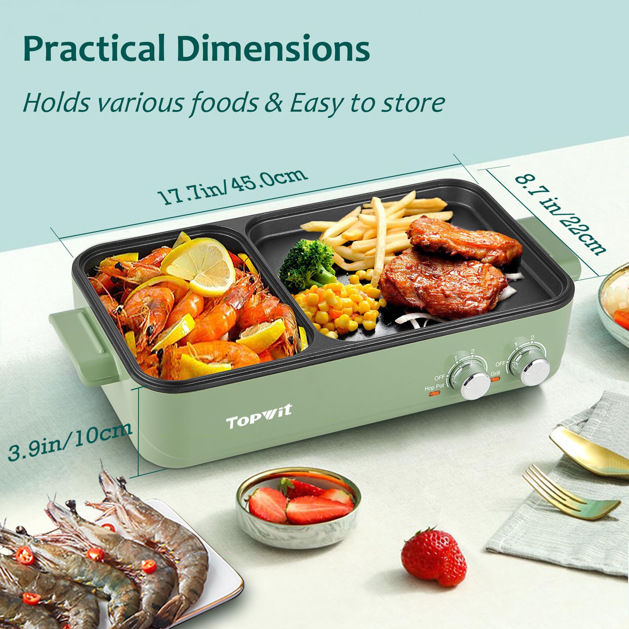 Topwit 2-in-1 Electric Hot Pot & Grill - Non-Stick Indoor Korean BBQ Grill and Shabu Shabu Pot with Dual Temperature Control - Perfect for Steaks, Noodles, and Family Gatherings - Fast Heating & Energy Efficient (Green)
