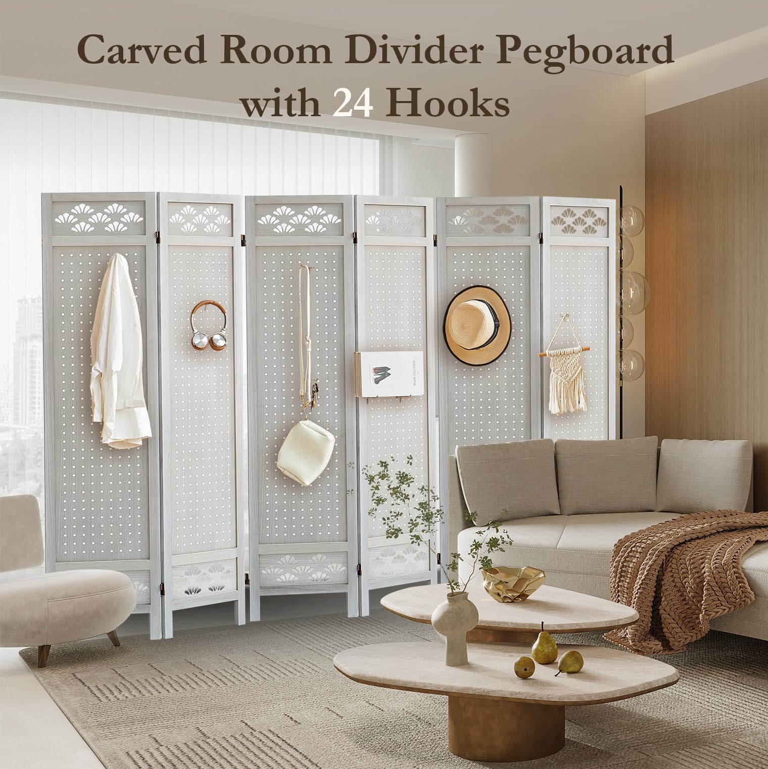 6 Panel Wooden Room Divider with Pegboard & 24 Hooks - Portable Folding Privacy Screen for Craft Shows, Jewelry Displays, Home & Store Organization - Perfect for Bedroom Partition, Retail Displays & Event Booths