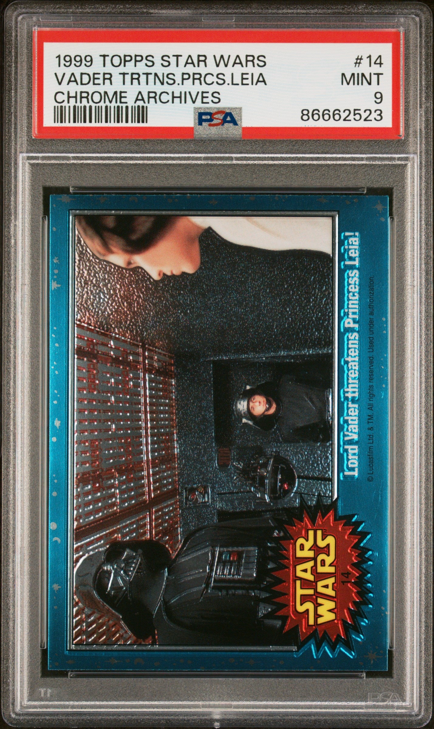 1999 Topps Chrome Star Wars Chrome Archives Vader TRTNS.PRCS.Leia #14 PSA 9 Mint Condition - Rare Collectible for Star Wars Fans & Card Investors | Perfect for Display, Trading & Investment Portfolios