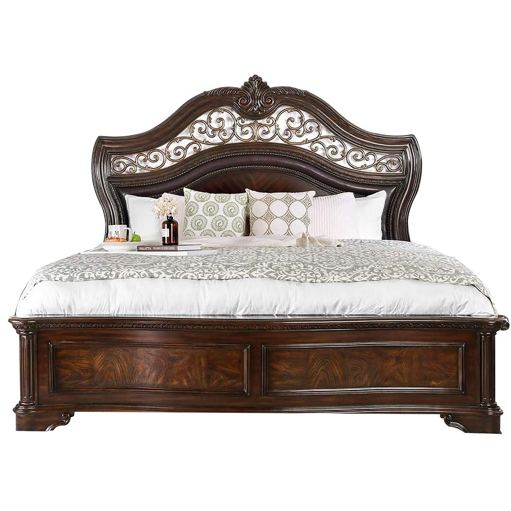Benjara California King Wooden Bed with Intricate Carved Headboard - Solid Wood Frame, Brown Finish for Master Bedroom Elegance | Perfect for Luxurious Bedroom Decor and Spacious Sleeping Comfort