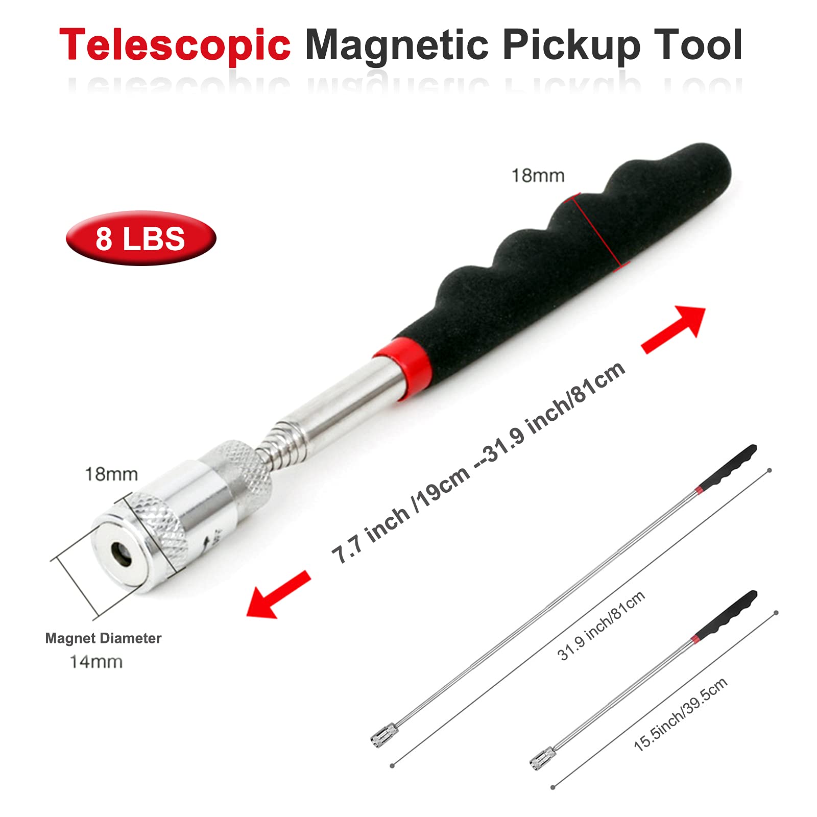 Stainless Steel Telescoping Magnet Pickup Tool with LED Flashlight - 8lbs Magnetic Retrieving Wand (7.7-31.9