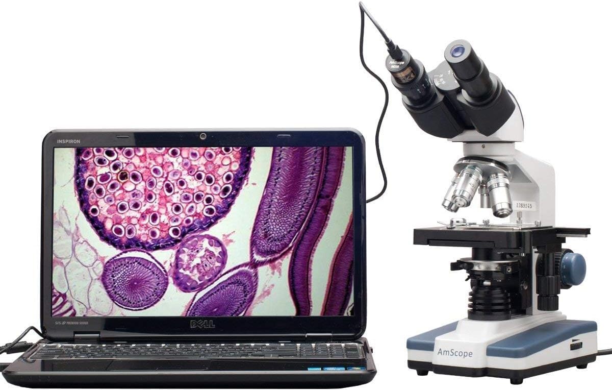 AmScope B120C-E1 40X-2500X LED Digital Binocular Compound Microscope with 3D Stage & 1.3MP USB Camera - Ideal for Lab Research, Classroom Education, and Scientific Exploration