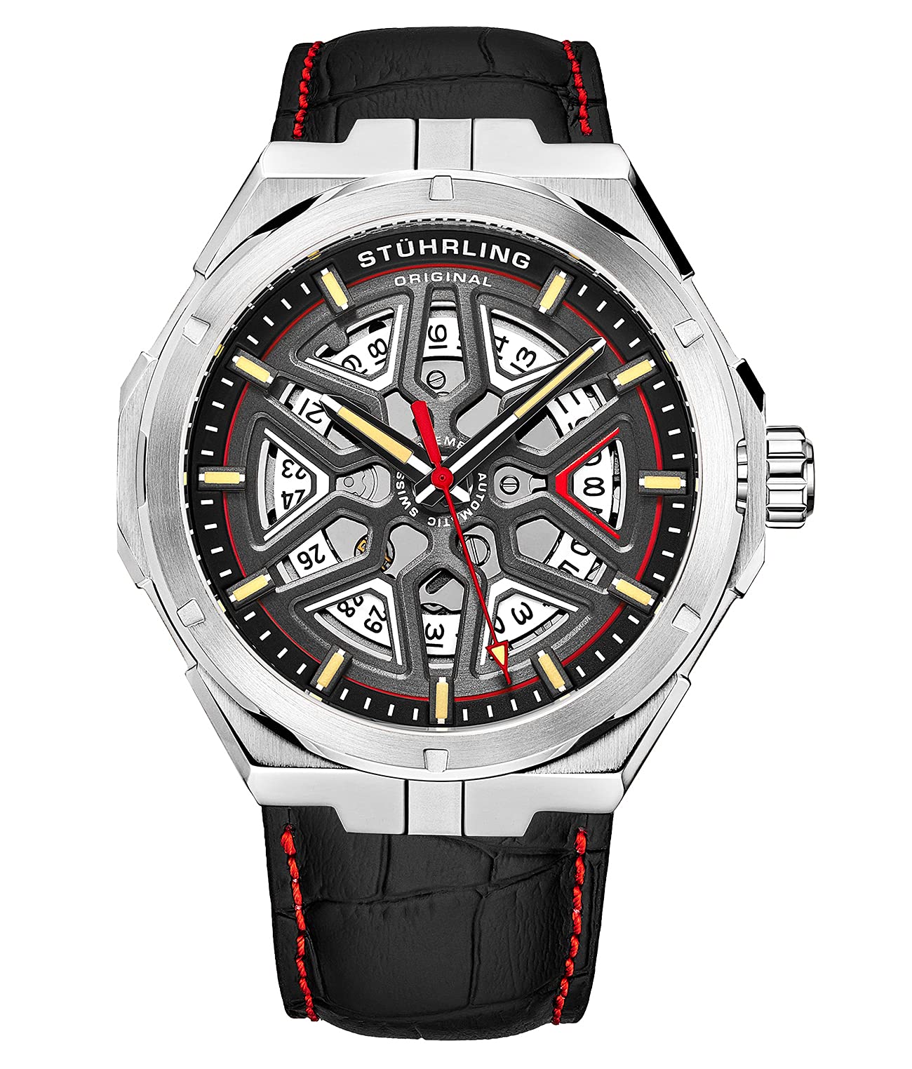Stuhrling Original Men's Swiss Automatic Skeleton Watch - Self-Winding Mechanical Dress Watch with Genuine Leather Strap for Business & Formal Occasions