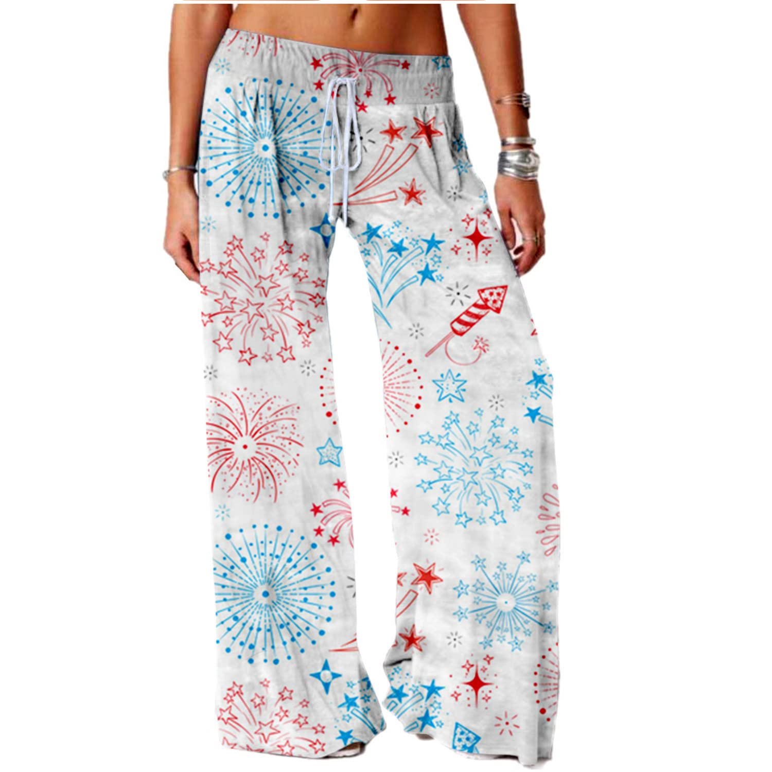 SIAOMA Women's Vintage Wide Leg Pants - Stretchy Comfy Casual Trousers with Firework Print | Perfect for Yoga, Lounge & Boho Outfits