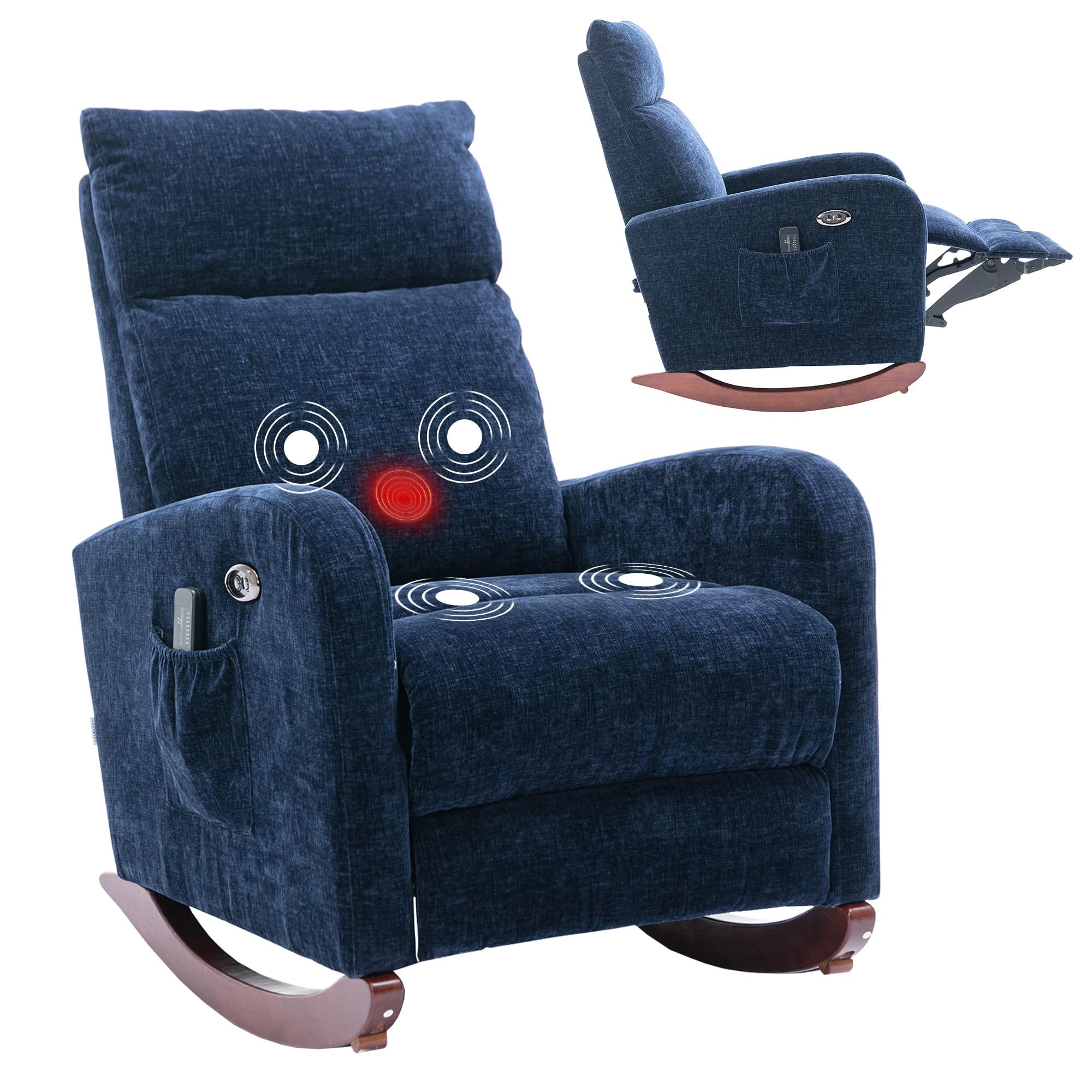 Dolonm Electric Massage Recliner Rocking Chair with Heat & USB Port - Modern Chenille Fabric Glider Armchair for Nursery, Living Room, Office - Tall Back Upholstered Accent Rocker in Navy Blue - Perfect for Relaxation, Reading & Nursing Mothers