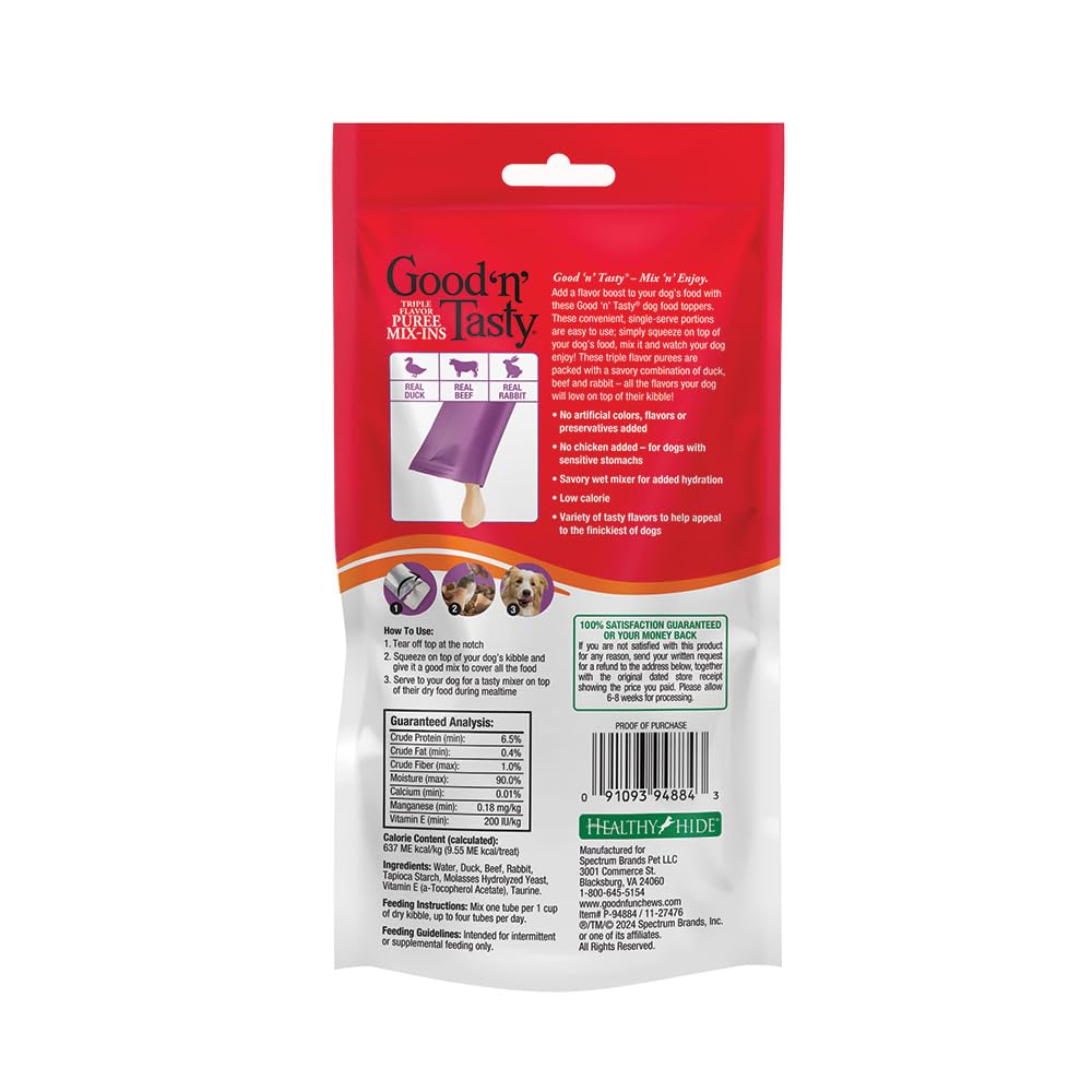 Premium Triple Flavor Puree Mix-Ins Dog Food Topper - Duck, Beef & Rabbit Protein Treats for All Dogs (7 Single-Serve Packets) | Grain-Free, Chicken-Free Dog Food Enhancer for Picky Eaters & Senior Dogs