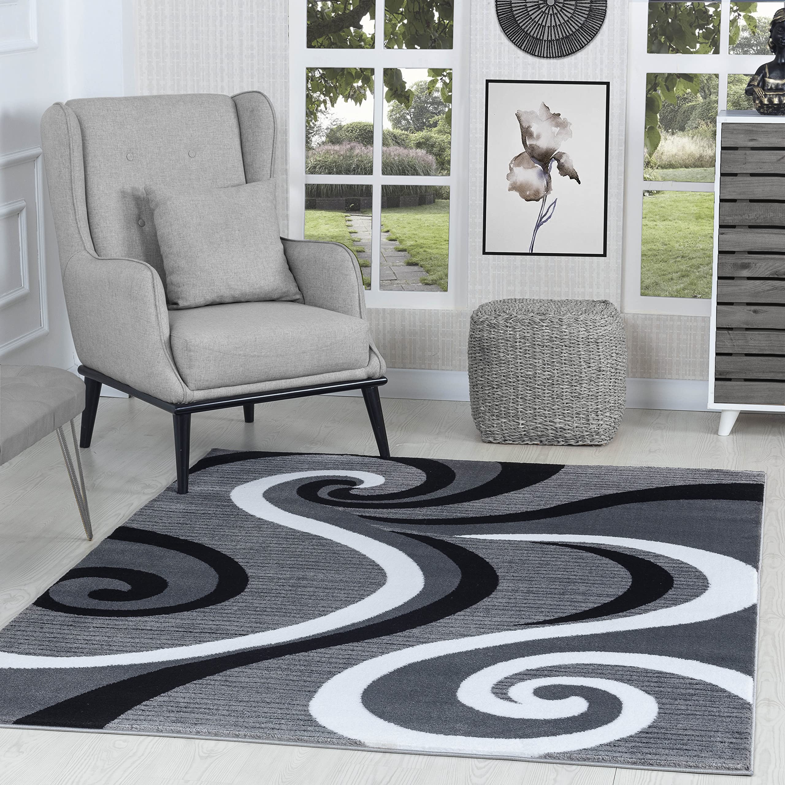 Golden Rugs Modern Swirl Design Area Rug - Contemporary Non-Slip Carpet for Bedroom, Living Room & Dining Room | Sevilla Collection 4817A | Perfect for Home Decor, Office & High Traffic Areas
