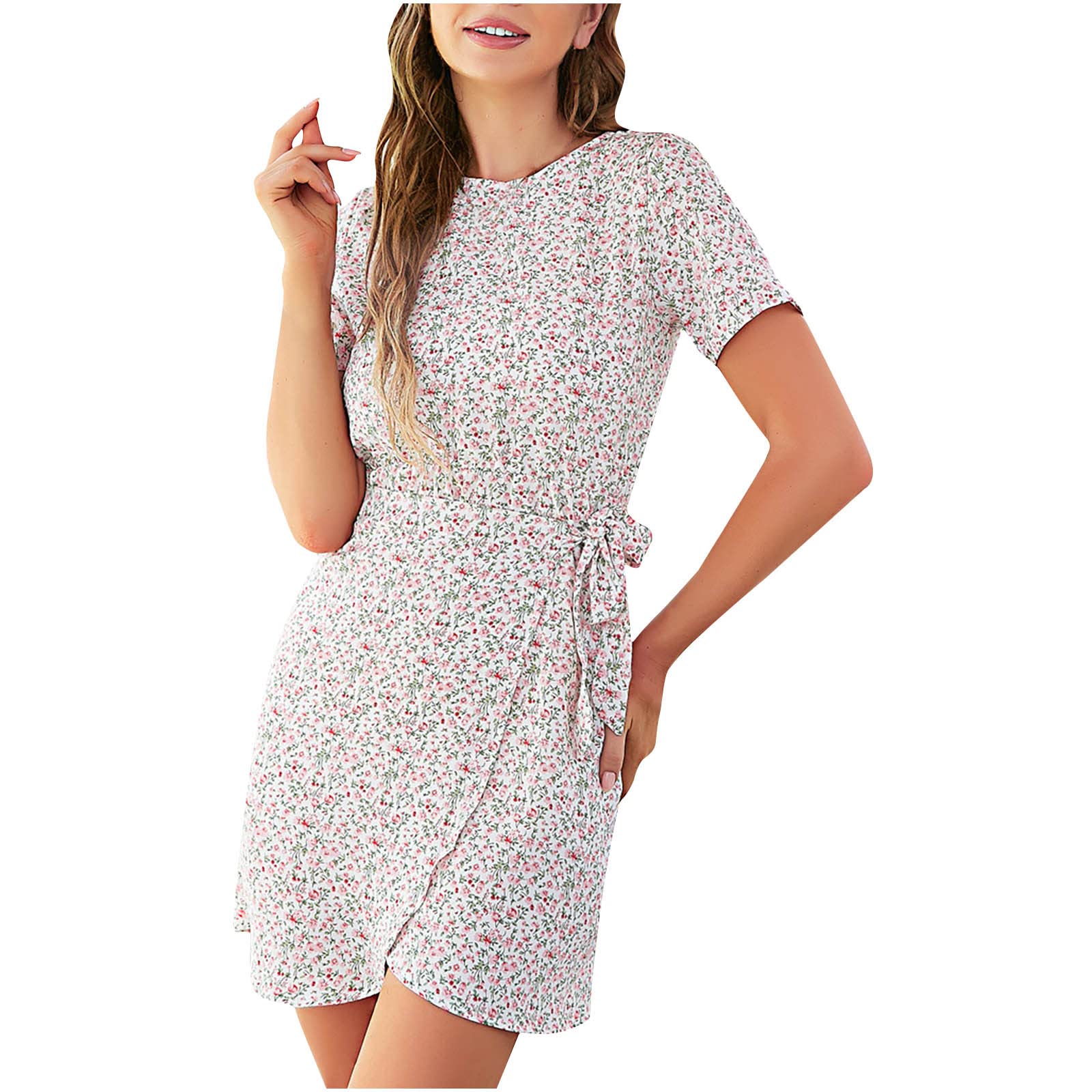 Floral Summer Dresses for Women - Short Sleeve Crew Neck Bodycon Mini Dress with Boho Drawstring & Side Split | Perfect for Beach Vacations, Date Nights & Spring Festivals