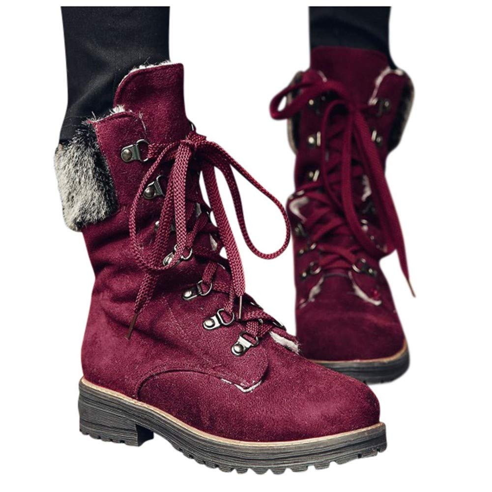 Women's Winter Snow Boots - Warm Lace Up Chunky Block Heel Boots with Faux Fur, Round Toe Mid-Calf Ankle Boots for Outdoor Activities | Perfect for Snowy Weather, Hiking & Casual Winter Wear