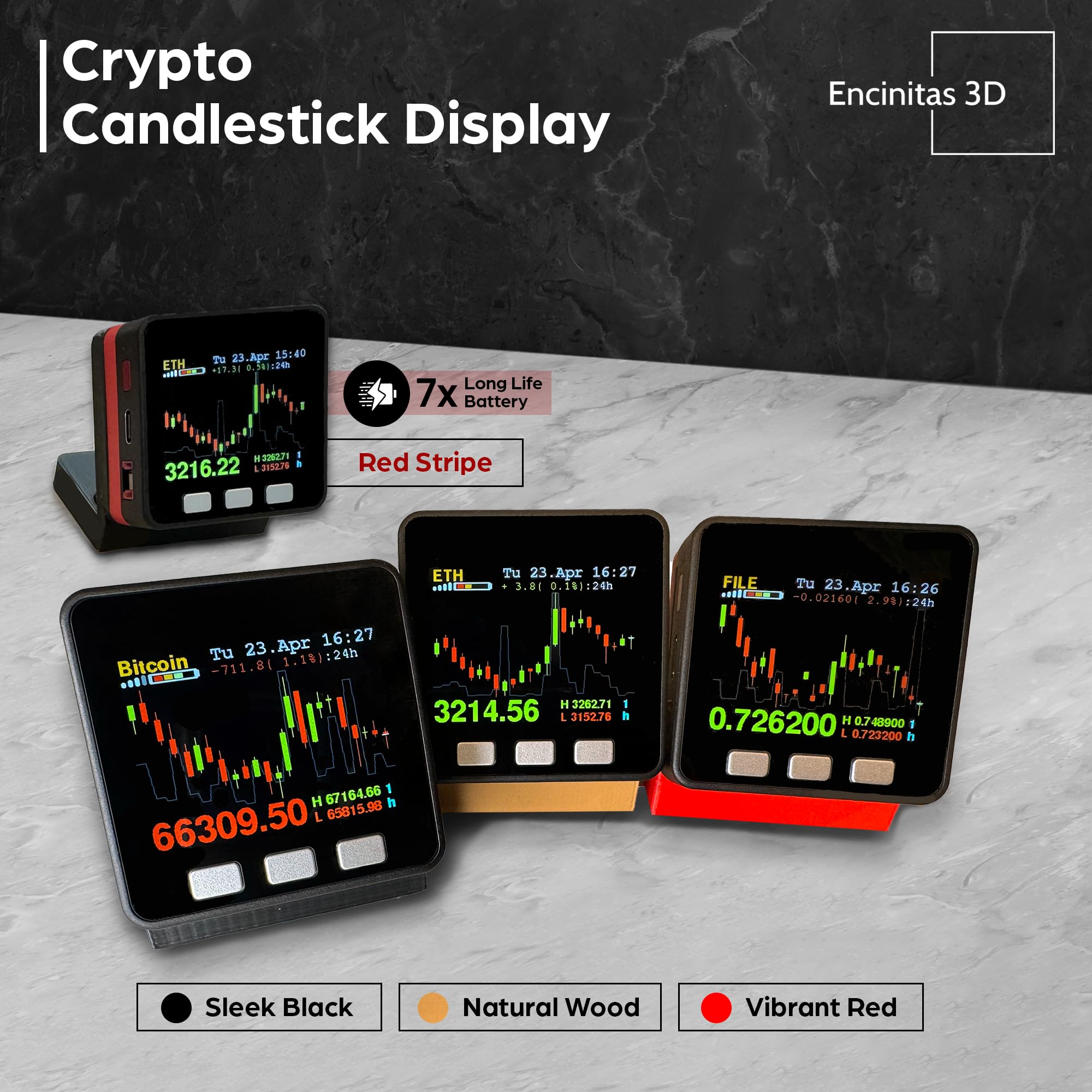 Bitcoin Price Tracker - Crypto Candlestick Display with Customizable LCD - Wooden Desk Gadget for BTC, ETH, DOGE, MATIC, XRP, HNT - Battery Powered - Perfect for Crypto Trading & Office Decor