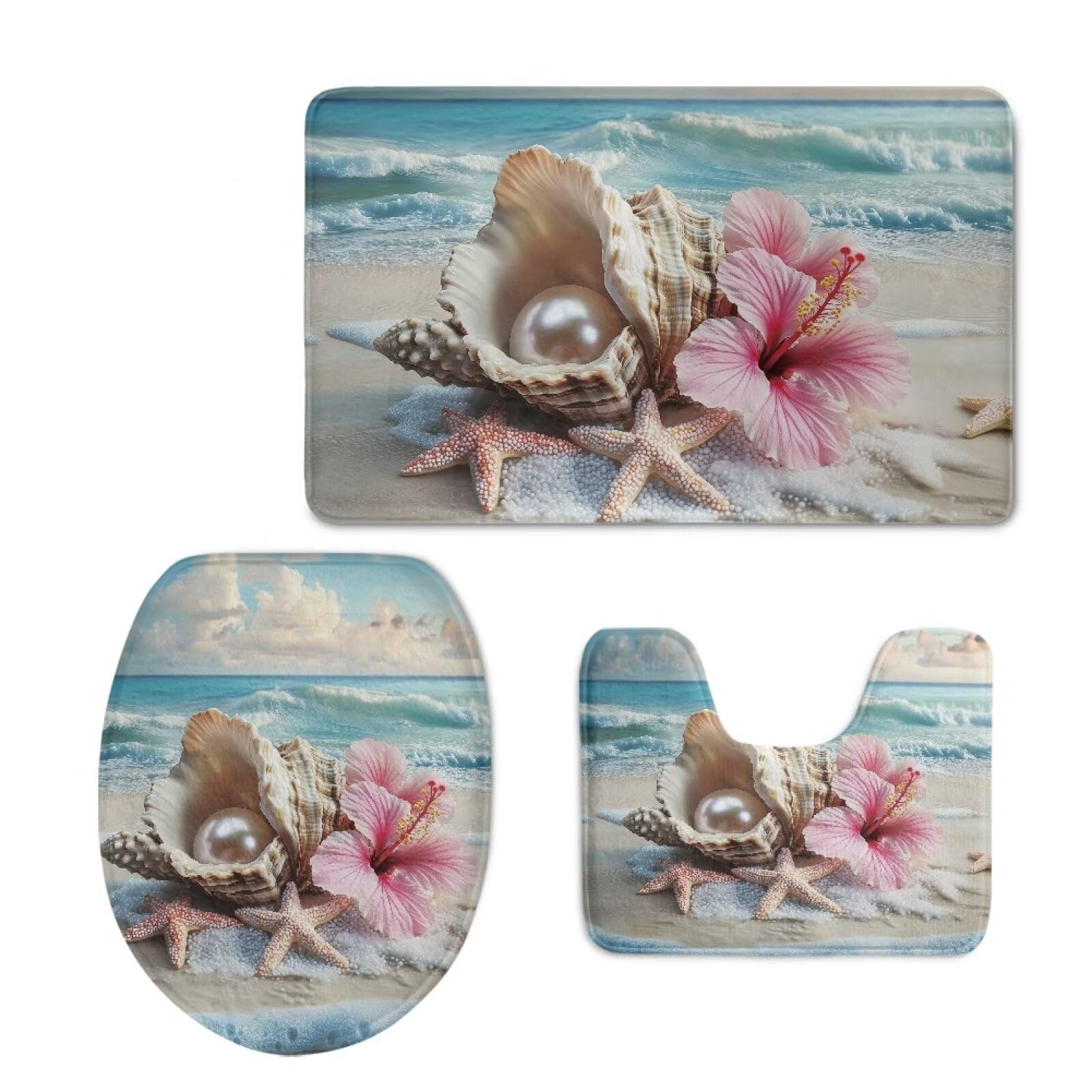 FOR U DESIGNS Bathroom Rug Set - Washable U-Shaped Toilet Lid Cover & Soft Absorbent Bath Mat, Universal Fit for Elongated Toilets - Perfect for Beach House, Guest Bathroom & Coastal Decor
