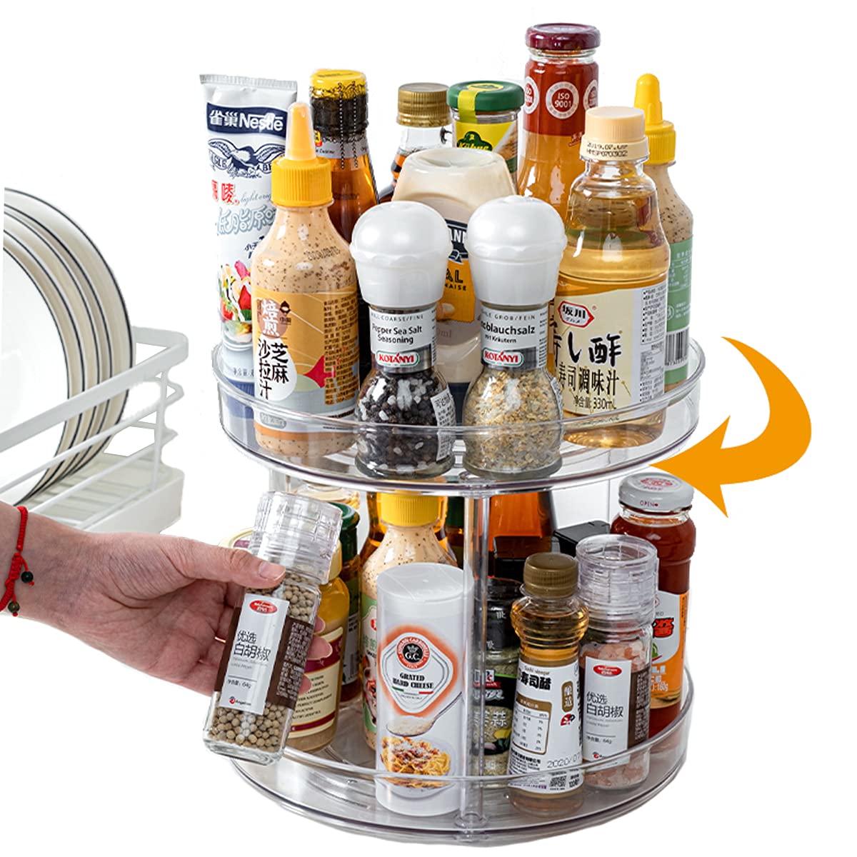 FIVOF 9 Inch Clear Plastic Lazy Susan Turntable Organizer - 2-Tier Spinning Storage for Cabinet, Pantry, Fridge & Kitchen | Perfect for Spices, Condiments & Vanity Items | Space-Saving Rotating Shelf for Easy Access