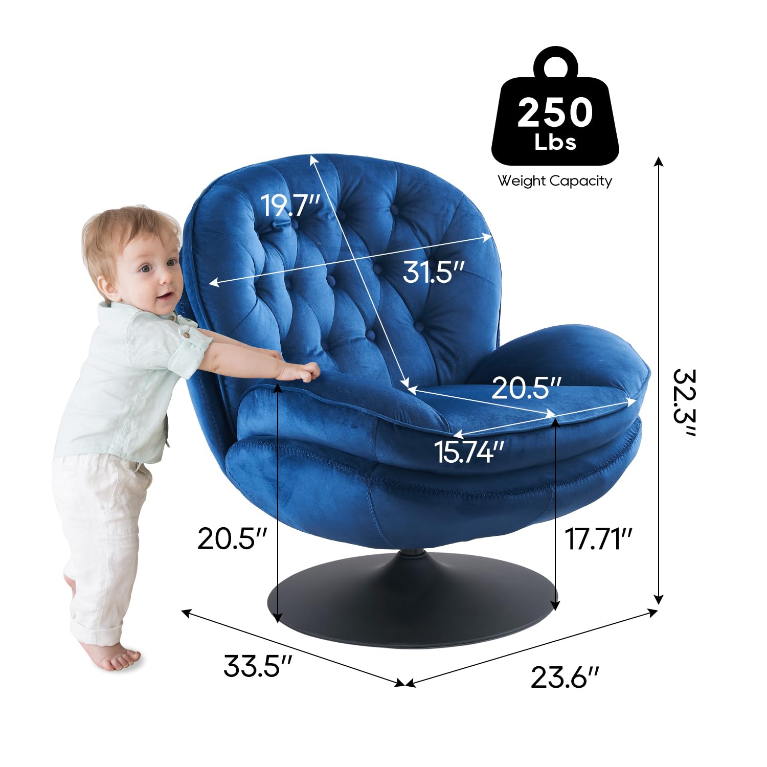Velvet Swivel Accent Chair with Ottoman Set - Modern Tufted Armchair with Footrest for Living Room & Bedroom - 360 Degree Swivel Reading TV Chair for Adults - Blue Comfortable Lounge Chair for Relaxing, Entertaining & Home Decor