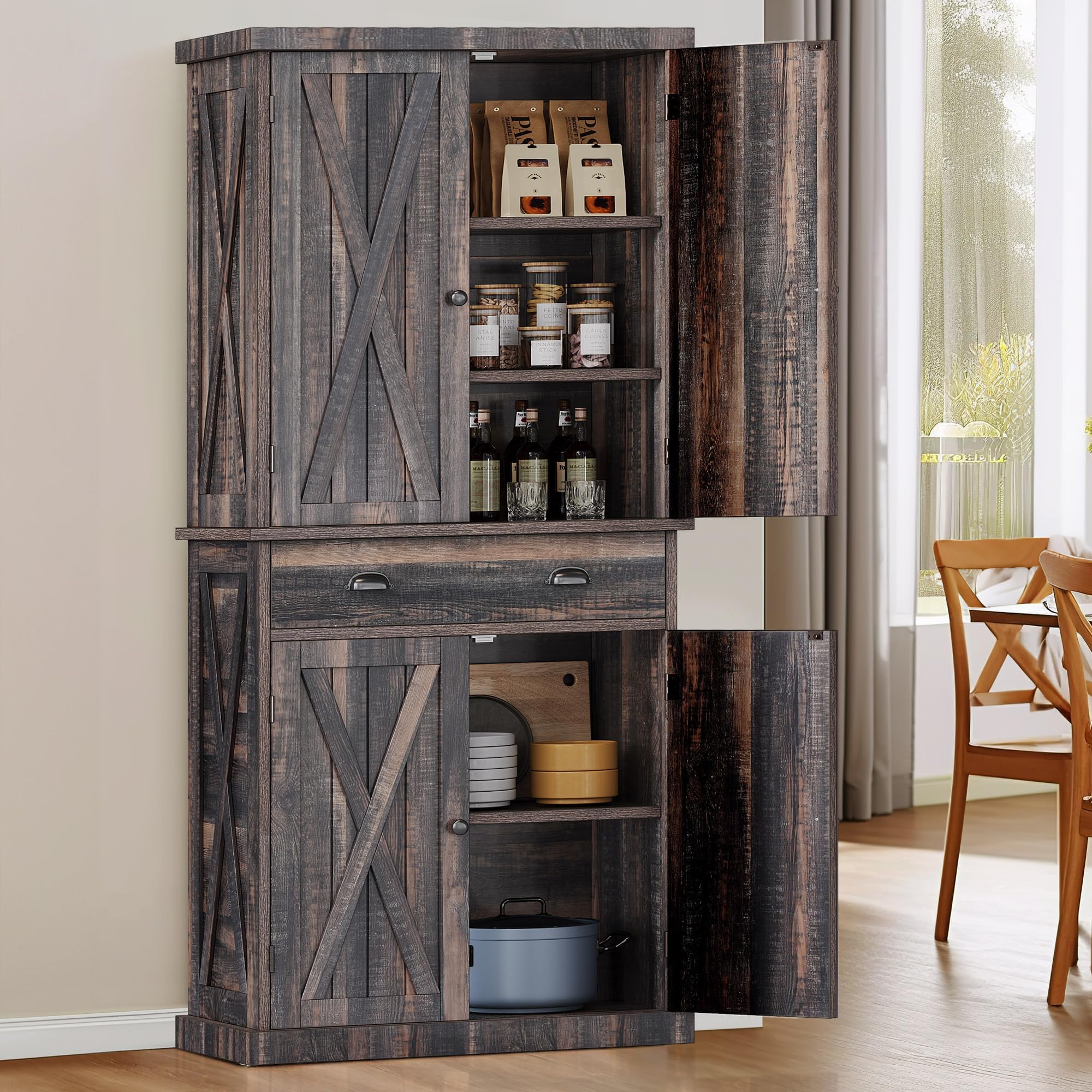 YITAHOME 72'' Farmhouse Kitchen Pantry with Drawer & Adjustable Shelves, Dark Rustic Oak Wood Storage Cabinet for Kitchen, Dining Room, Living Room, Perfect for Organizing Dishes, Food, and Home Decor