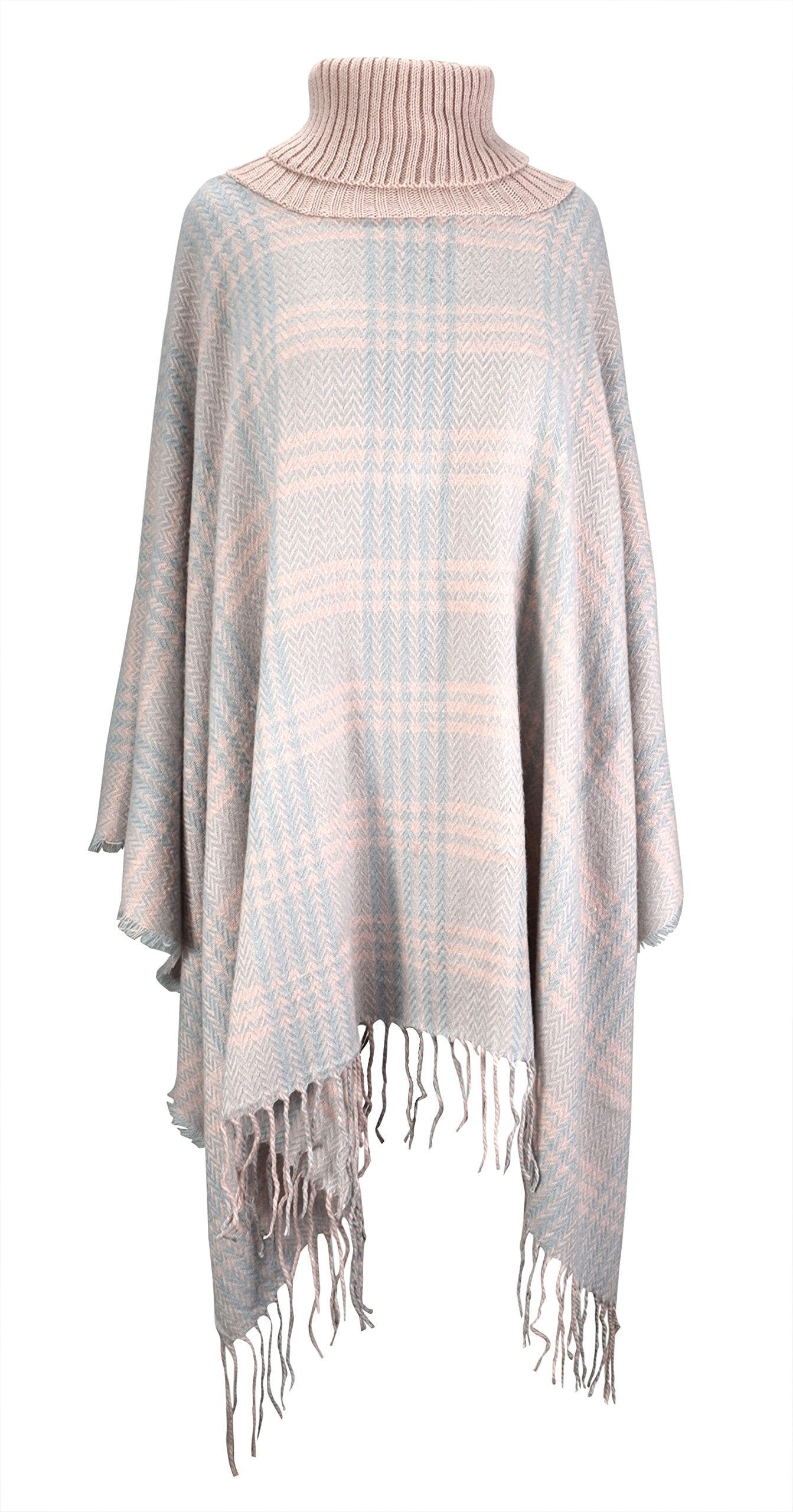Women's Checkered Turtle Neck Winter Poncho Sweater with Fringe - Cozy Oversized Pullover for Christmas, Holiday Parties & Casual Outings