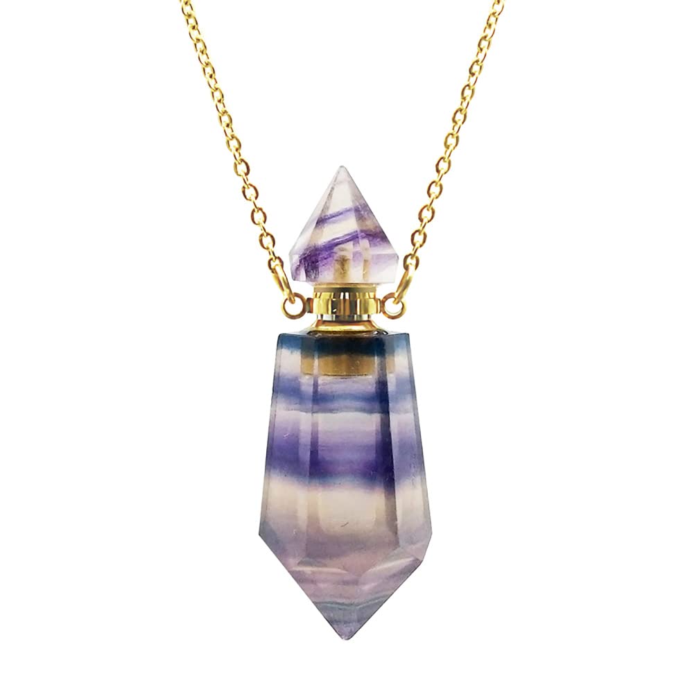 Ubrand Rainbow Fluorite Gemstone Perfume Bottle Pendant - Hexagonal Prism Essential Oil Diffuser Necklace with Pointed Crystal Vial (Gold) | Aromatherapy Jewelry for Meditation, Yoga & Spiritual Healing