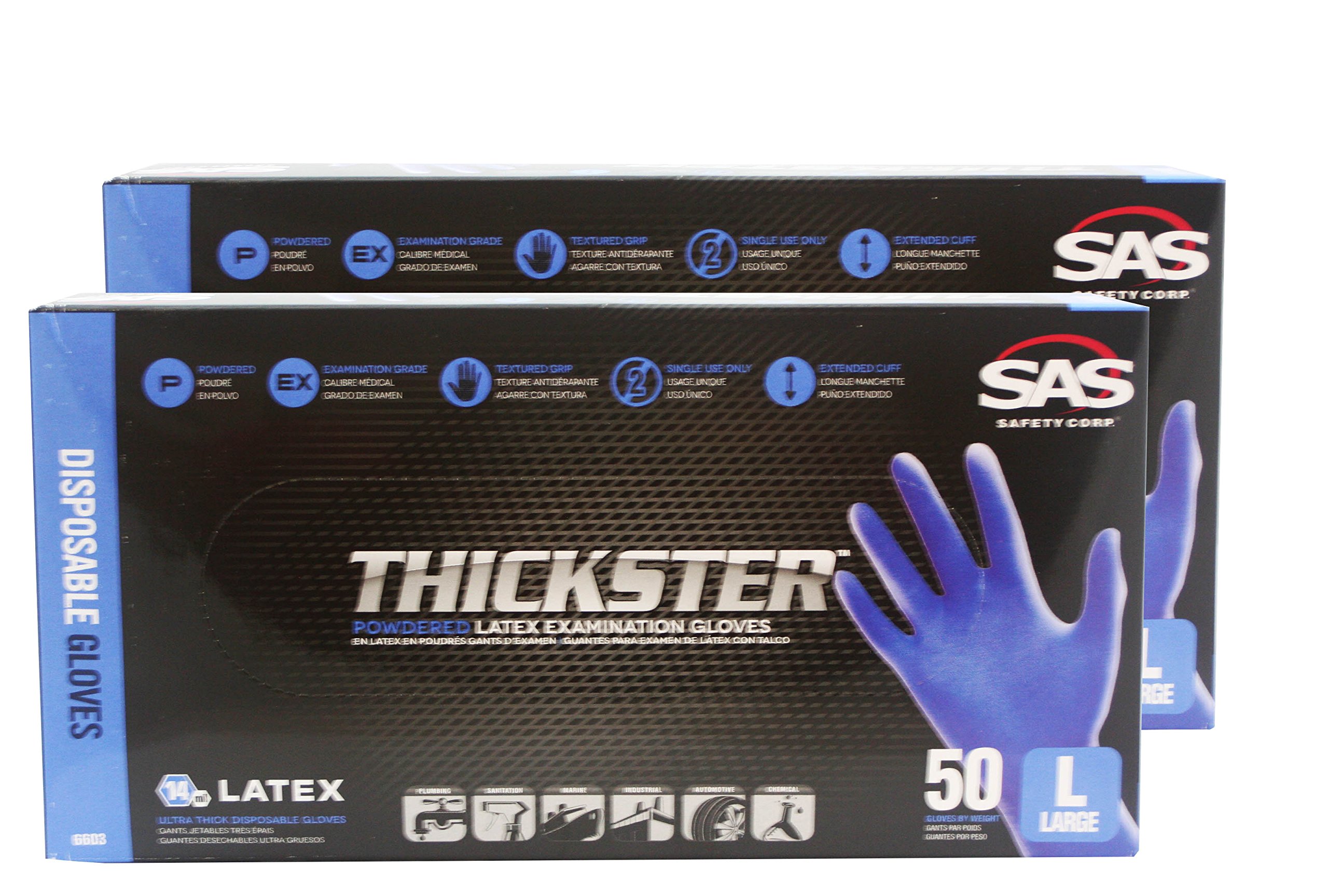 SAS 6603 Thickster Textured Safety Latex Gloves - Large (2 Boxes) | Heavy Duty, Non-Slip Grip for Medical, Cleaning & Industrial Use