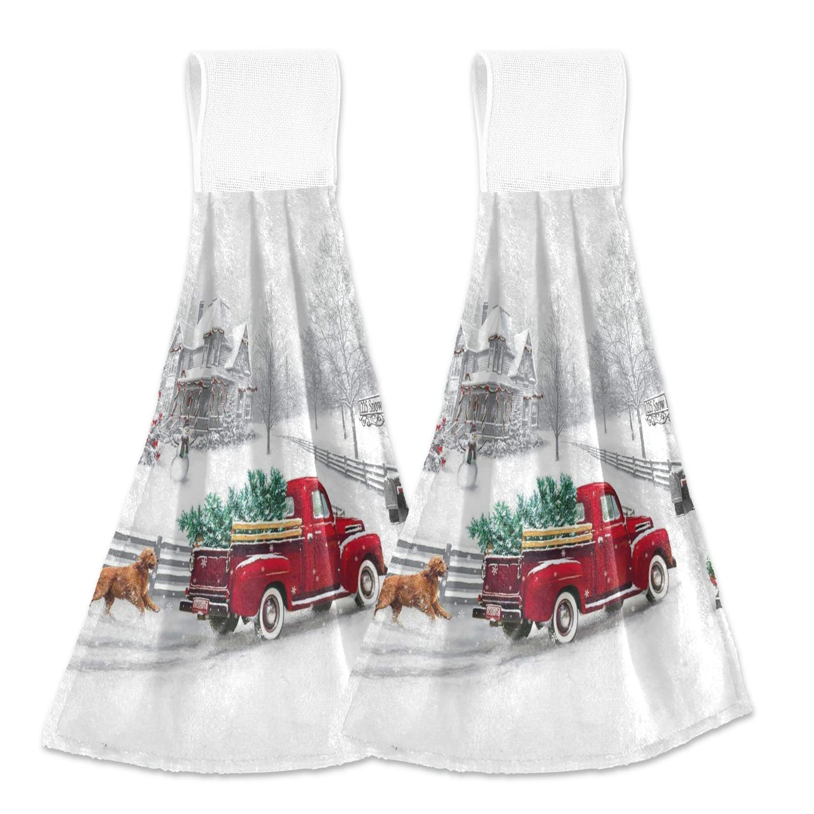 Christmas Red Truck Hand Towels Set of 2 - Rustic Winter Holiday Kitchen Dish Cloths & Bathroom Towels with Hanging Loop - Perfect for Farmhouse Decor, Holiday Parties & Cozy Winter Gatherings