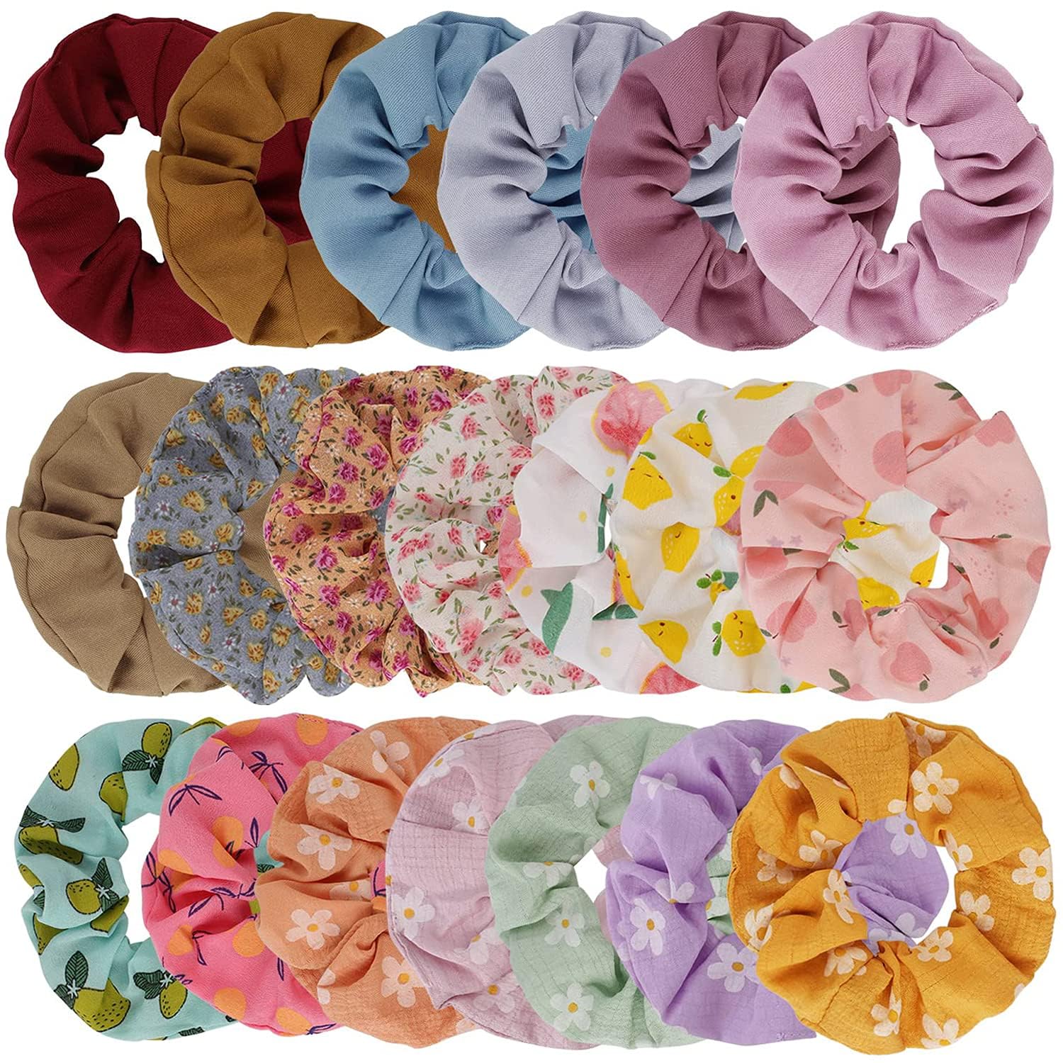 12 Pcs Floral Hair Scrunchies for Women - Soft Chiffon Hair Bands, Colorful Printed Hair Ties & Ponytail Holders for Girls (Floral & Solid Colors) - Perfect for School, Work, Parties & Everyday Styling