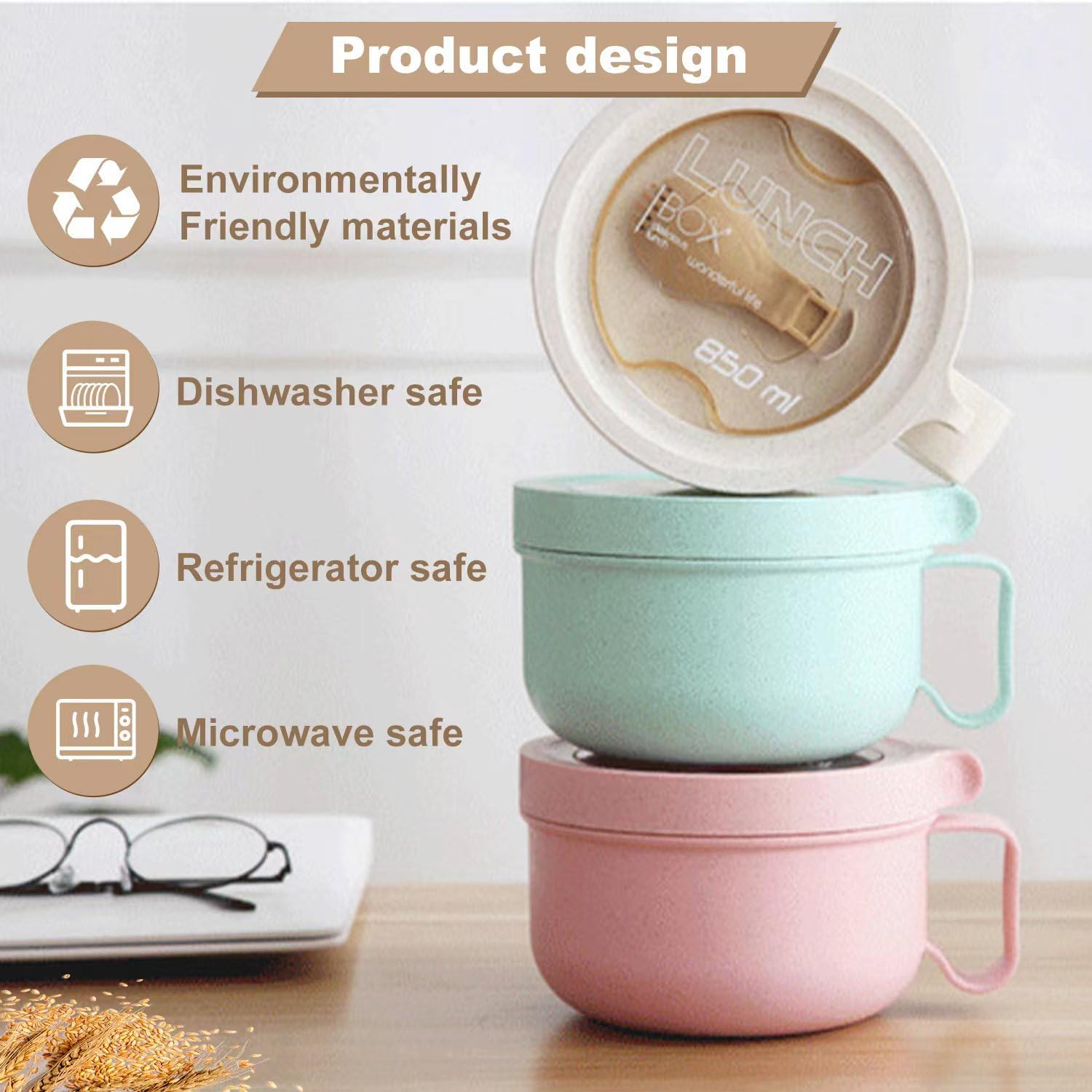 Rarapop 28.7oz Microwave Safe Soup Bowl with Lid - Wheat Straw Ramen Noodle Cup for Instant Noodles, Oatmeal, Gumbo, Salad & Cereal - BPA-Free, Eco-Friendly, Easy-Grip Design (Beige) - Perfect for Office Lunch, Camping & Dorm Room Meals