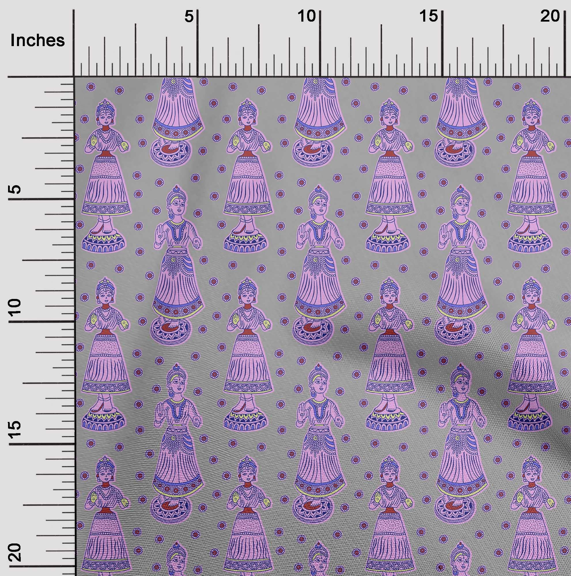 oneOone Georgette Viscose Gray Kalamkari Kathakali Printed Fabric - 42 Inch Wide by The Yard for DIY Clothing, Dresses, Scarves & Home Decor Sewing Projects