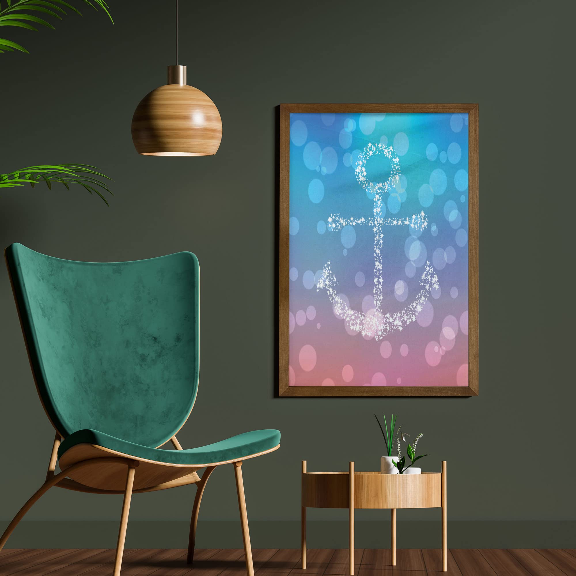 Ambesonne Anchor Framed Wall Art - Abstract Marine Bubbles & Starry Scenery Print on Fabric with Teak Wood Frame, 23