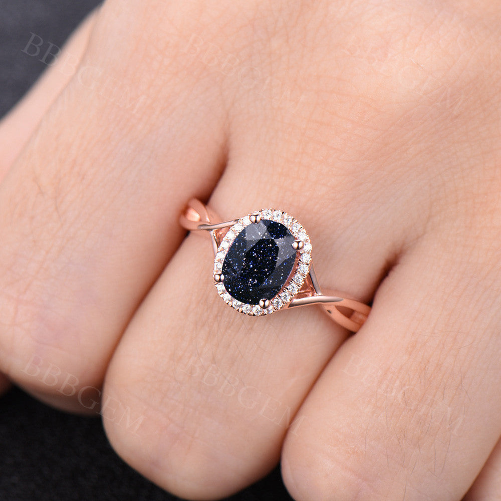 1.5CT Pink Gold Blue Sandstone Wedding Ring - Diamond Halo Infinity Band for Women - Elegant Engagement & Anniversary Jewelry Gift for Her