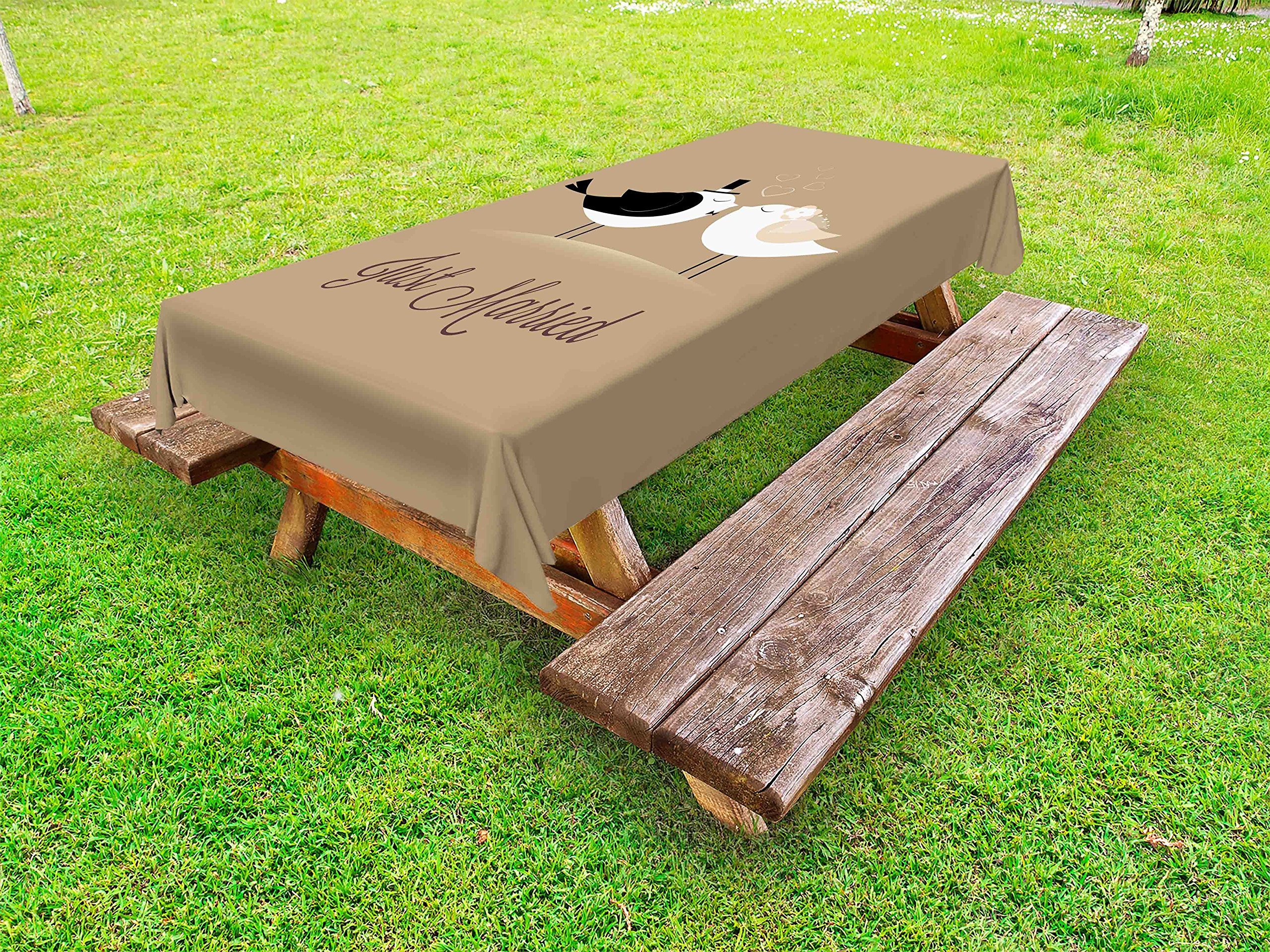 Ambesonne Romantic Wedding Tablecloth - Bride & Groom Birds Kissing Design, Just Married Handwritten Text with Hearts, Washable Outdoor Picnic Table Cover 58x104 Inches Multicolor - Perfect for Wedding Receptions, Anniversary Dinners & Romantic Outdoor Dates
