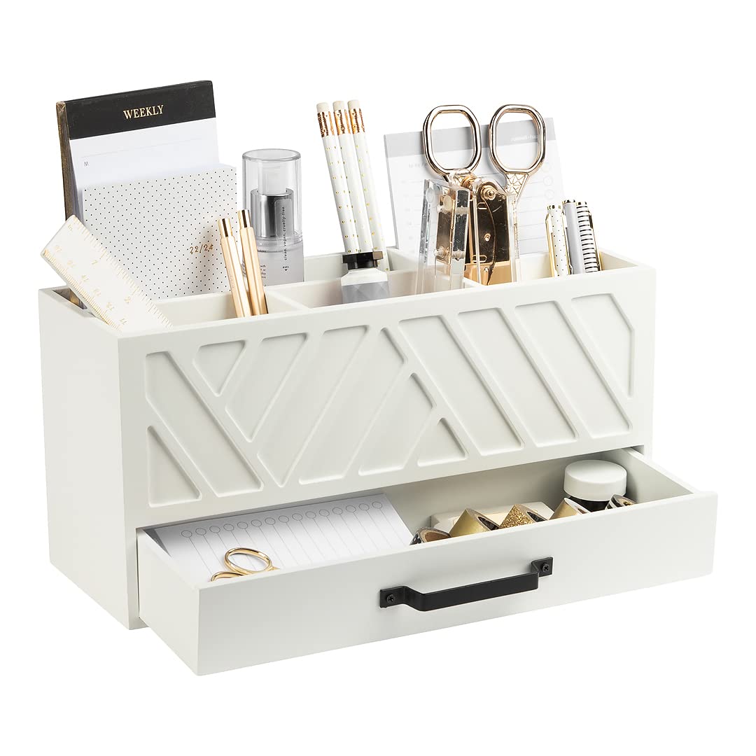 BLU MONACO White Wooden Pen Holder with 6 Compartments & Drawer - Stylish Desk Organizer for Pens, Markers, Pencils & Office Supplies - Perfect for Home Office, School Desk & Workspace Organization