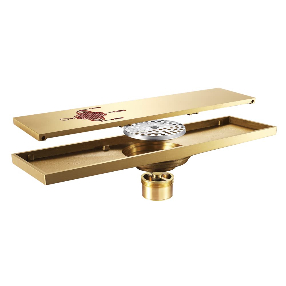 Boyuan 11.8x3.2 Inch Linear Shower Drain - Premium Brass Floor Drain with Cover, Hair Strainer & Deodorant Core - Gold Bathroom Drain for Modern Showers, Wet Rooms & Spa Installations