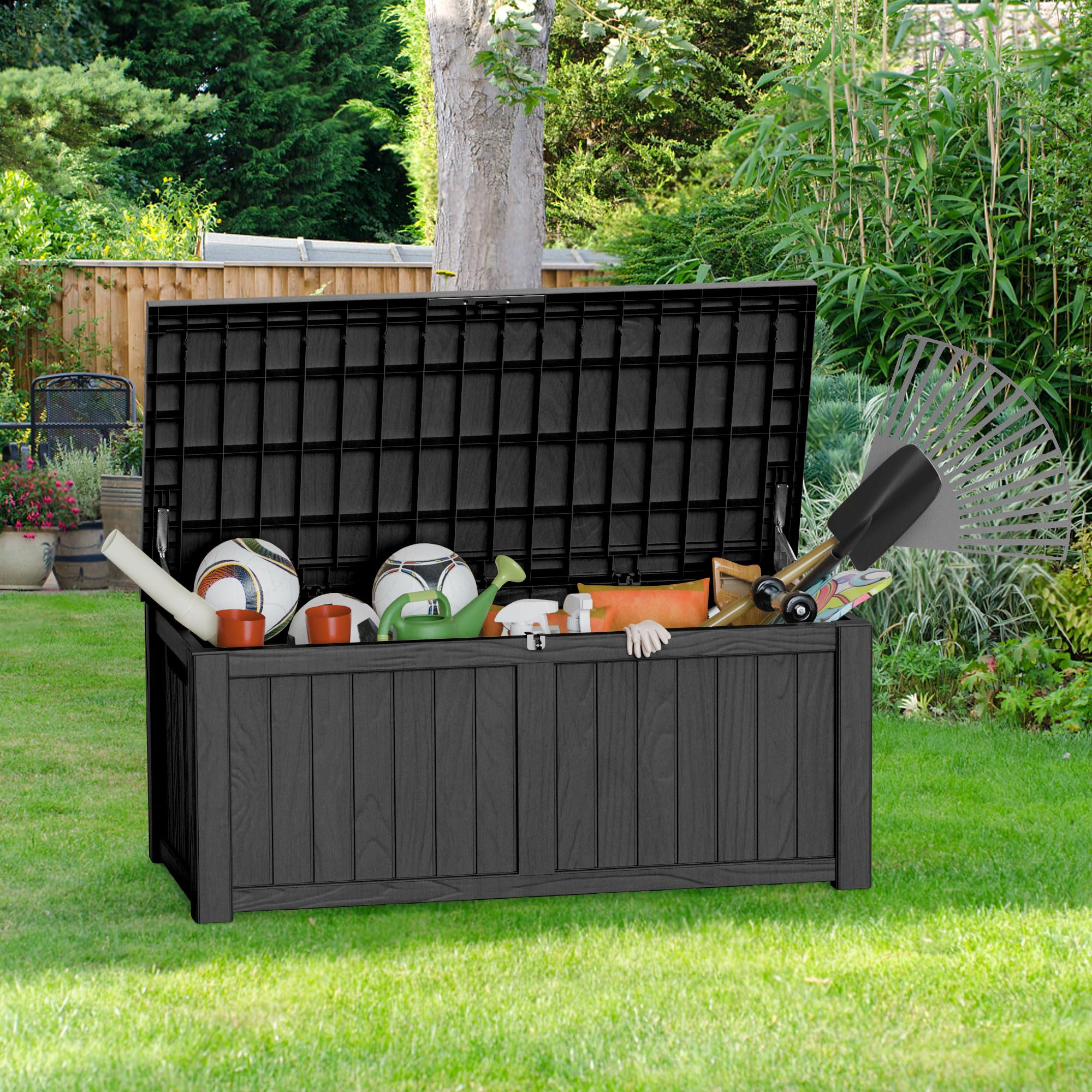 120 Gallon Lockable Resin Deck Box - Waterproof & UV-Resistant Outdoor Storage Container for Patio Cushions, Pool Toys, and Delivery Packages | Durable Black Weatherproof Storage Solution for Backyard, Garden, and Poolside Organization