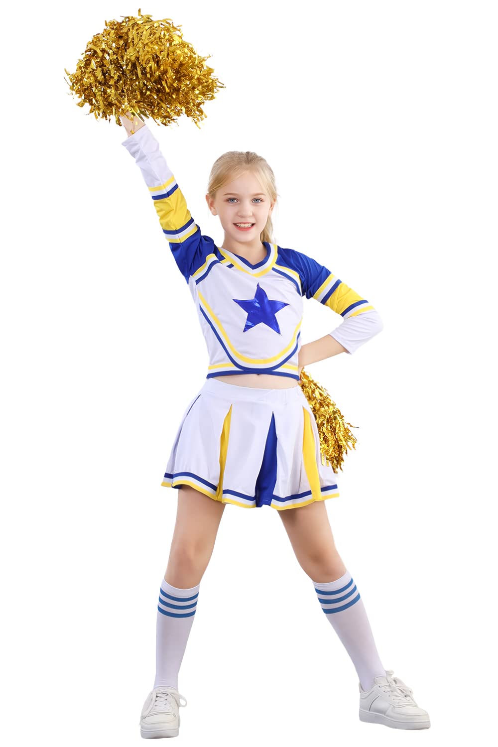 Lontakids Cheerleader Costume for Girls - Cheerleading Uniform Dress Outfit with Stockings & 2 Pom Poms | Perfect for Halloween, Cheer Competitions & School Spirit Events