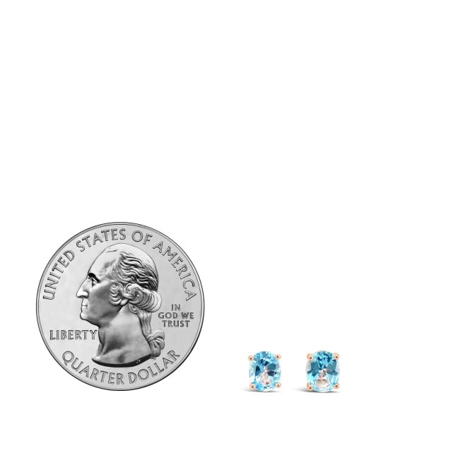 LE VIAN Blue Topaz Oval Stud Earrings for Women - 925 Sterling Silver with 14k Rose Gold Plating - 4-Prong Secure Setting with Push Backs - Perfect for Everyday Wear, Gift Giving & Special Occasions