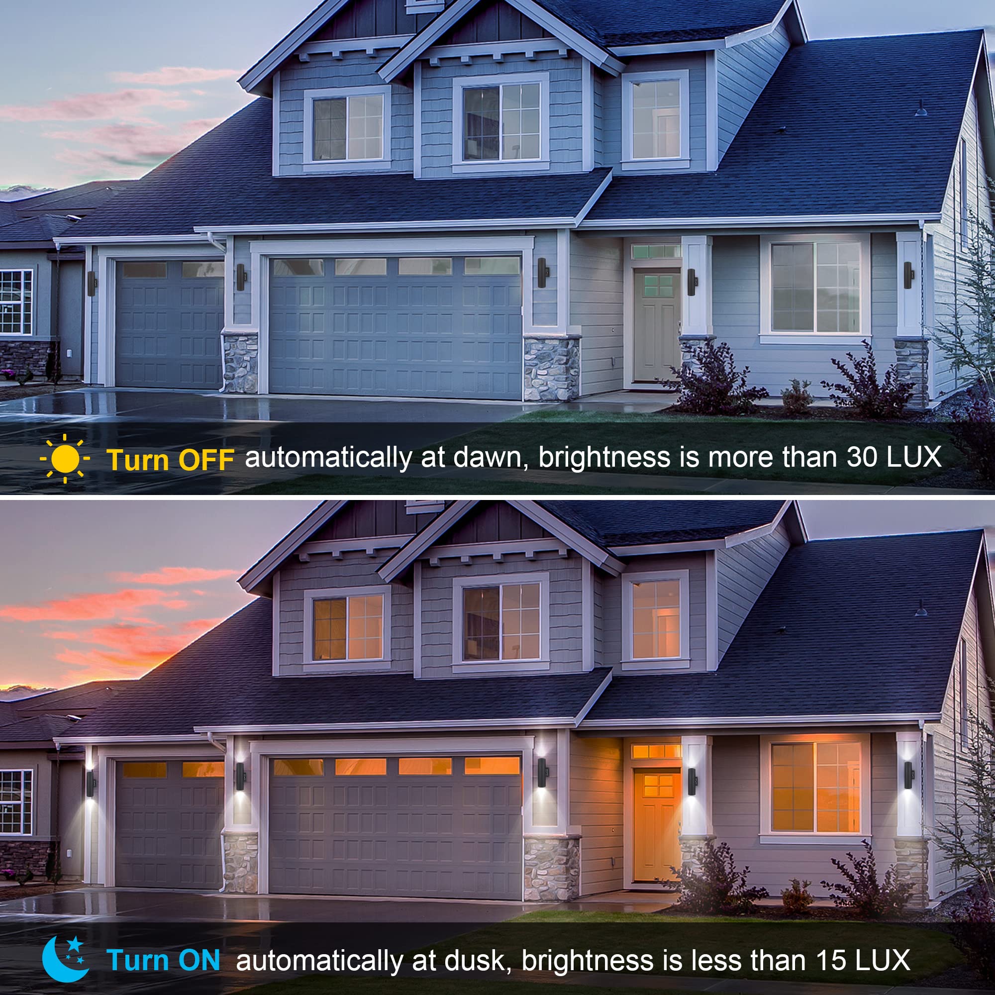 Outdoor Wall Lights with Dusk to Dawn Sensor - Matte Black Waterproof Exterior Lanterns for Porch, Patio & Garage Doorway - E26 Base Socket, Anti-Rust Up Down Lighting (Perfect for Home Security & Landscape Illumination)