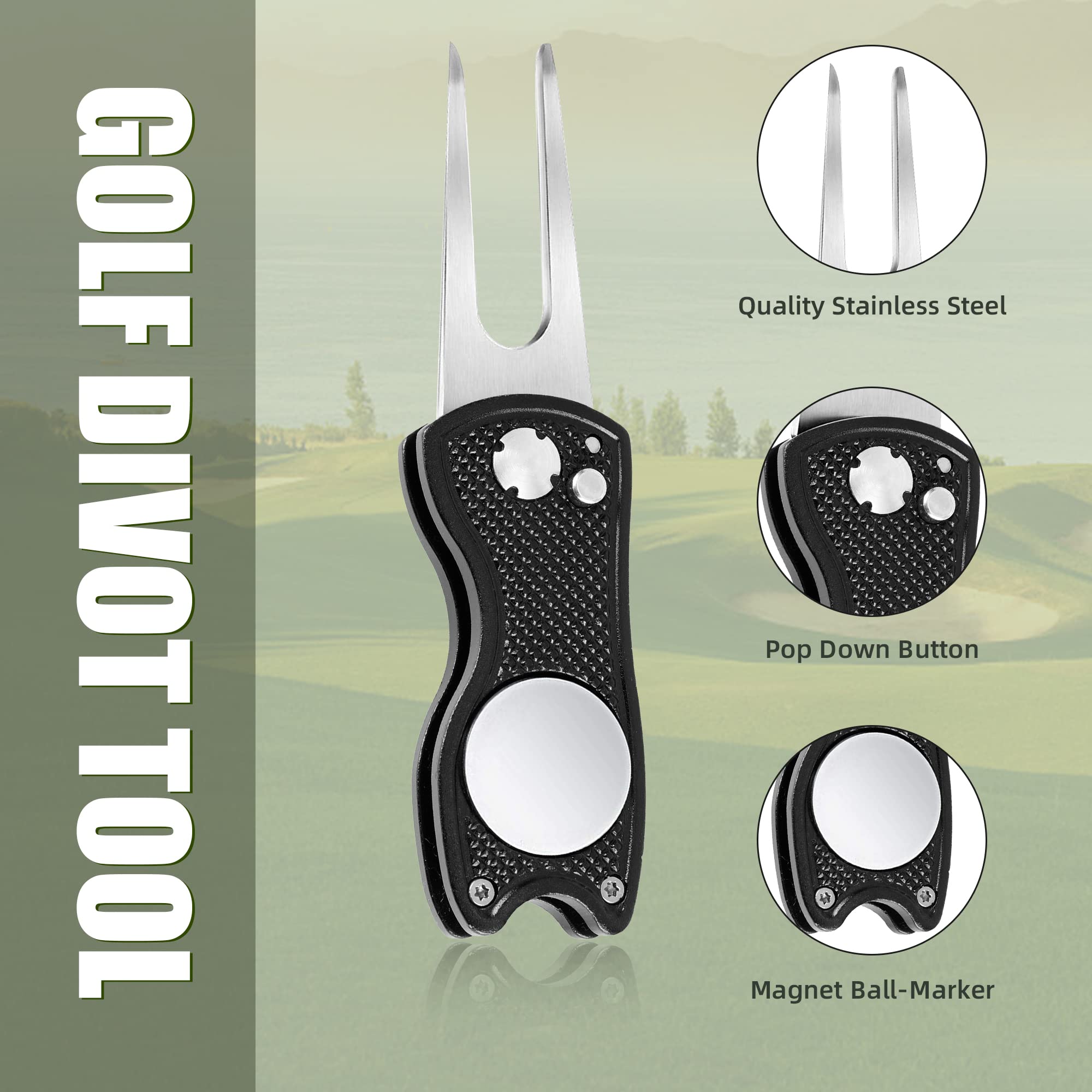 Premium All-Metal Golf Divot Repair Tool with Pop-Up Button & Magnetic Ball Marker - Foldable Design for Easy Storage (2/4/6 Pack) | Perfect for Golf Course, Practice Range & Tournament Play