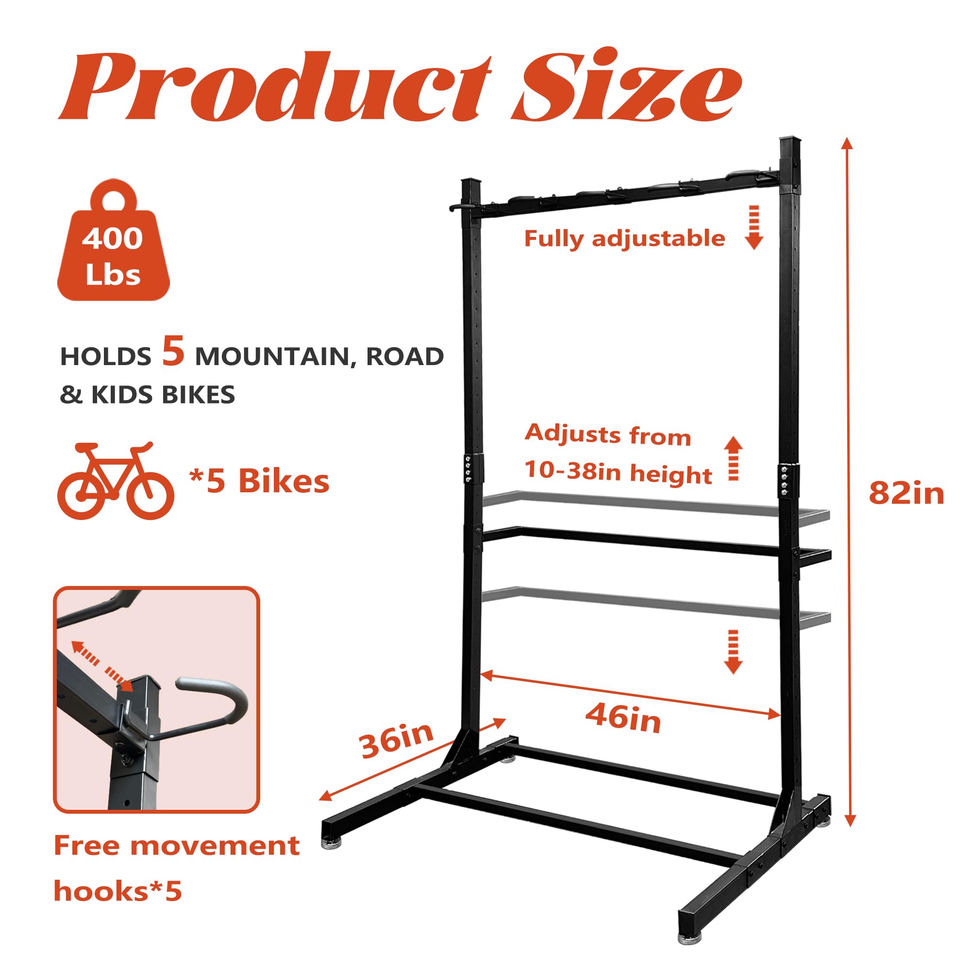Royxen Freestanding Bike Rack for 5 Bikes - 400 lbs Capacity Heavy Duty Garage Storage Solution for Indoor & Outdoor Use - Perfect for Home, Apartment, and Backyard Organization