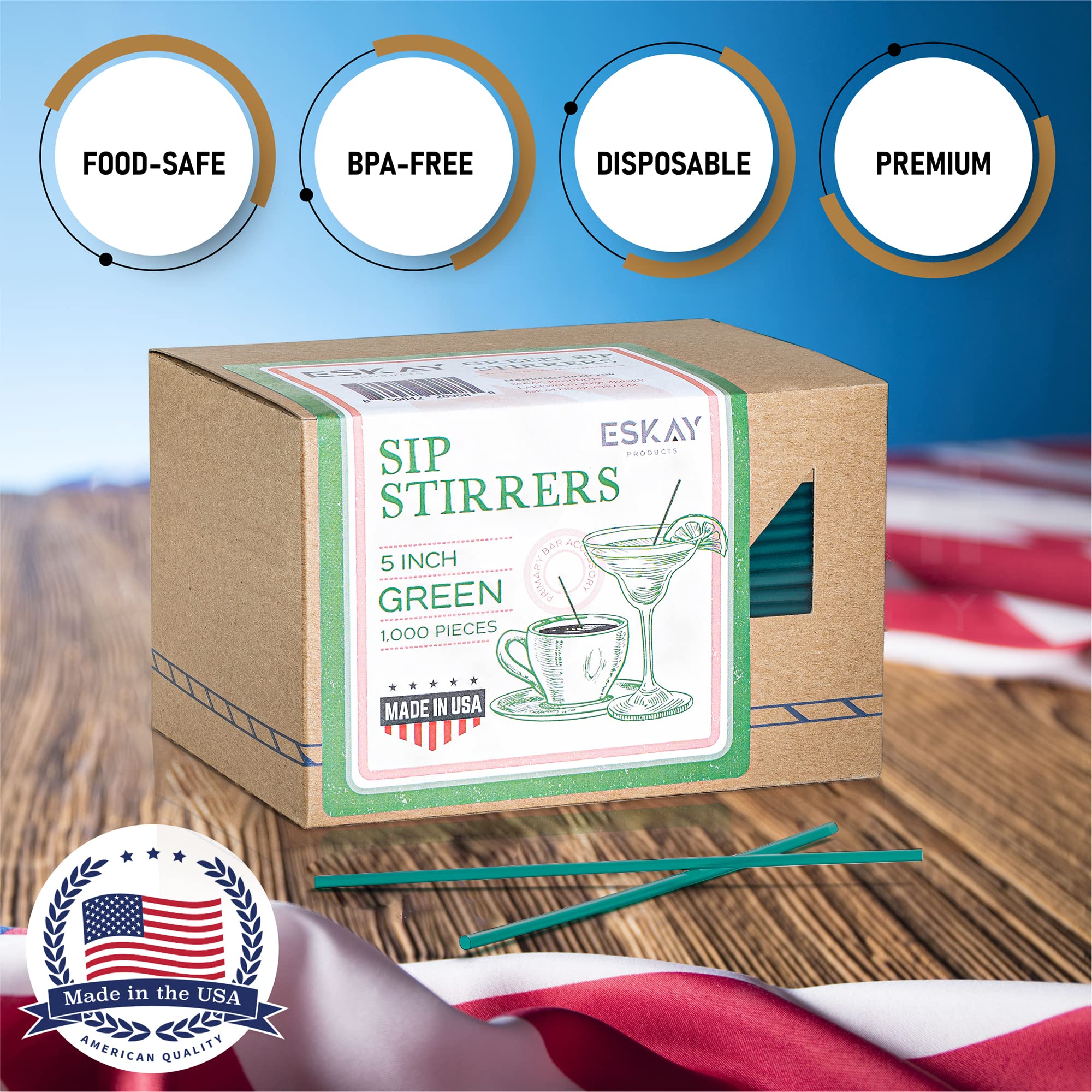 1000 Green 5-Inch Plastic Coffee Stirrers - Eco-Friendly Cocktail Straws & Stir Sticks for Coffee Shops, Restaurants & Home Use - Made in USA (Perfect for Iced Coffee, Tea, Smoothies & Beverage Mixing)