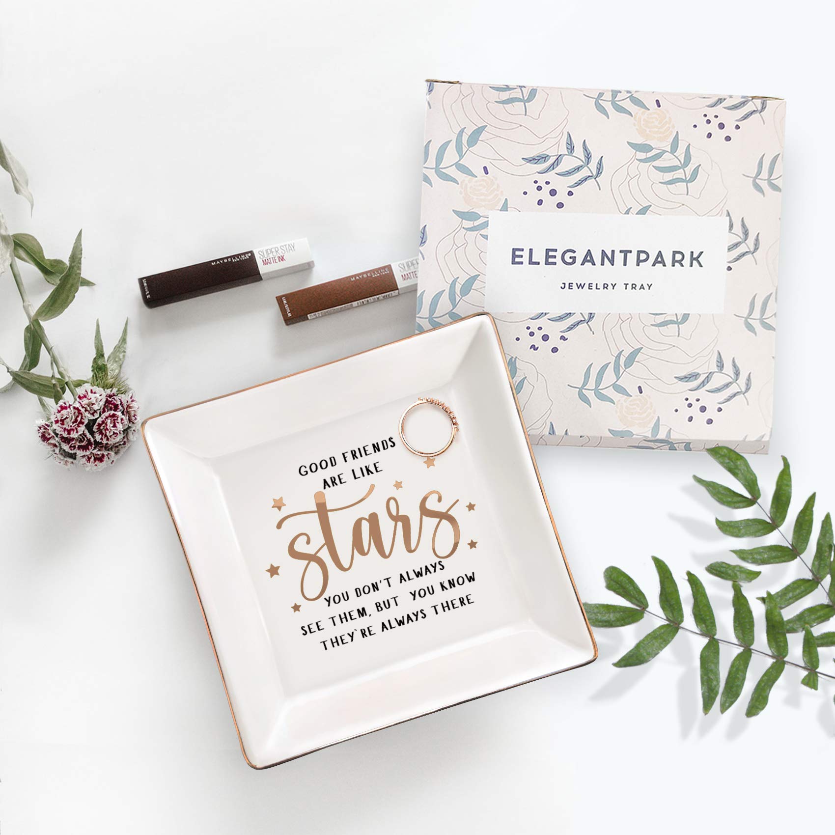 ELEGANTPARK Ceramic Ring Dish for Women - Elegant Jewelry Tray for Rings, Earrings & Trinkets - Perfect Friendship Gift for Her, BFF, Christmas & Birthday - Square Decorative Holder for Vanity, Dresser or Nightstand
