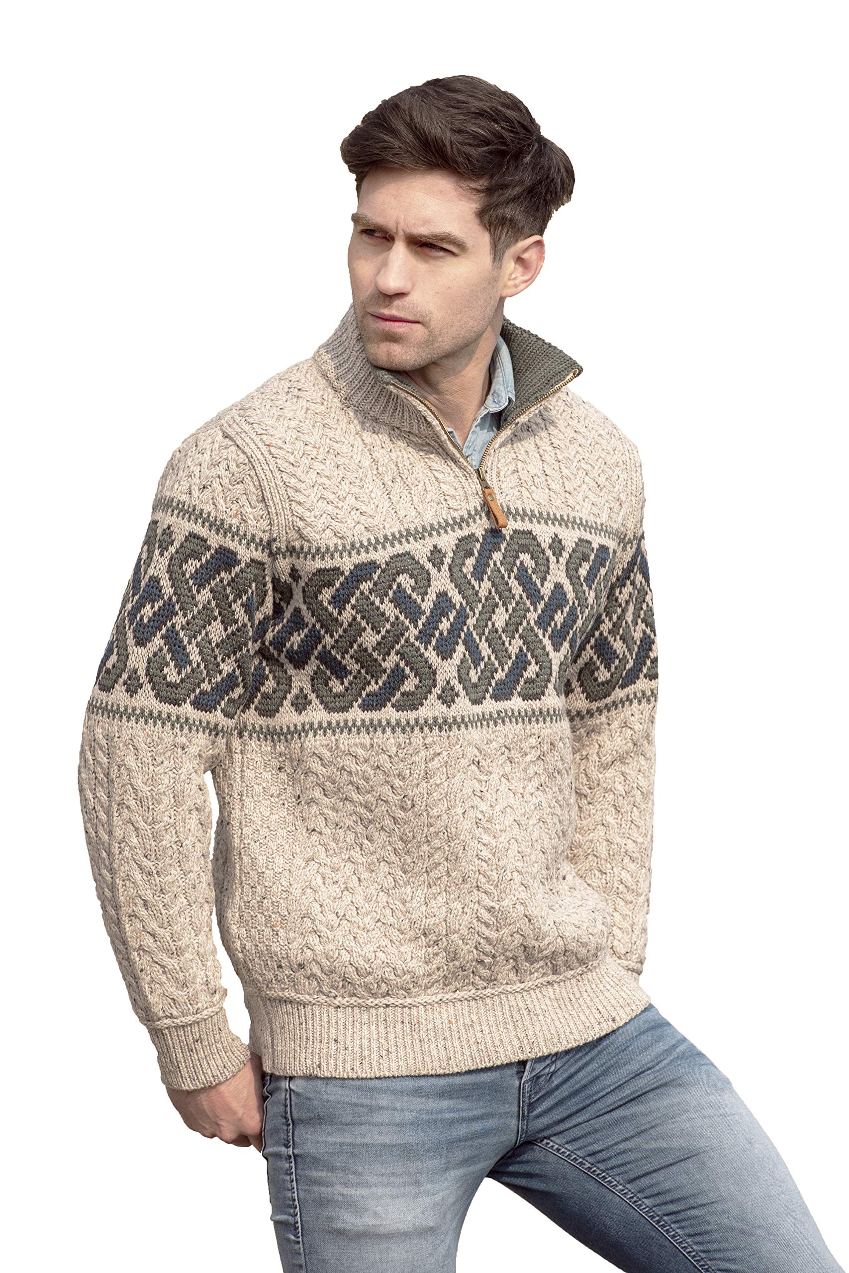 Aran Crafts Men's Irish Cable Knit Half Zip Jacquard Sweater - 100% Merino Wool - Warm Winter Pullover for Outdoor Activities & Casual Wear