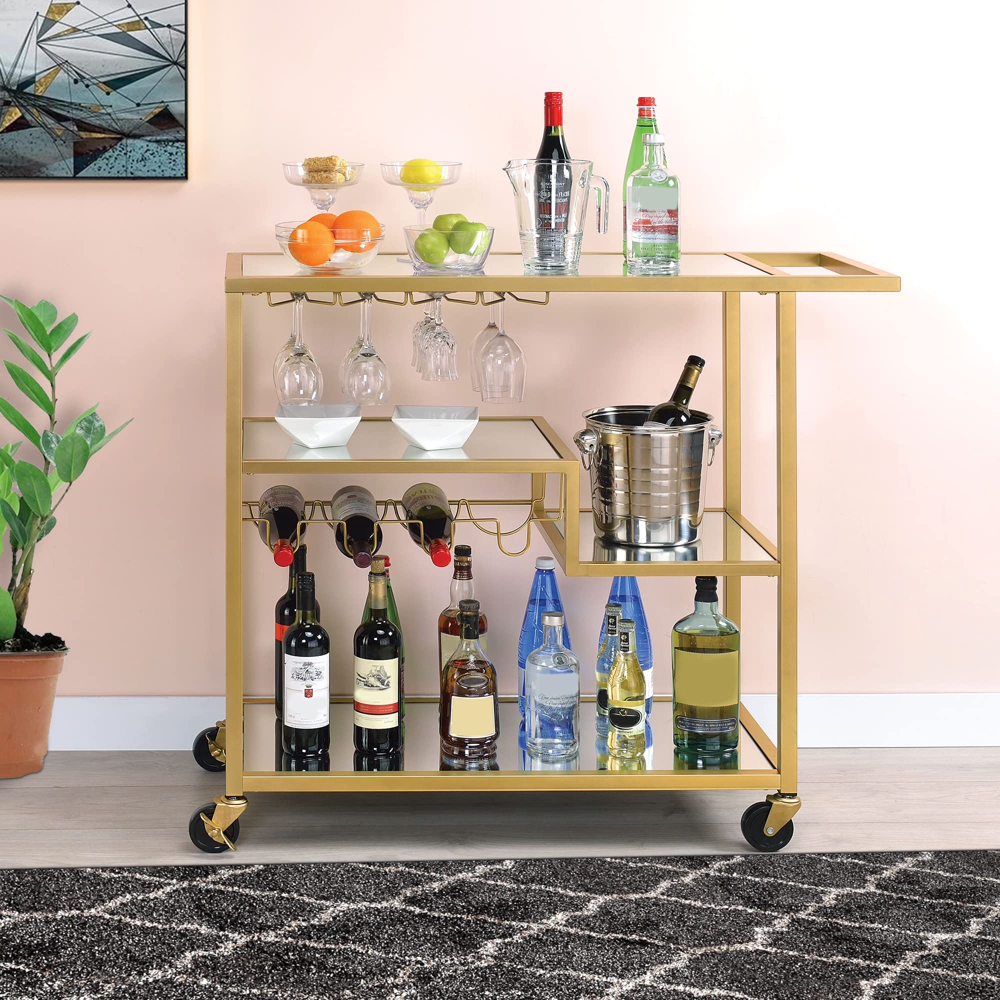 Benjara Gold Metal Serving Cart with Wine Bottle Holder - Elegant Clear Glass Top for Home Bar, Kitchen, and Outdoor Entertaining