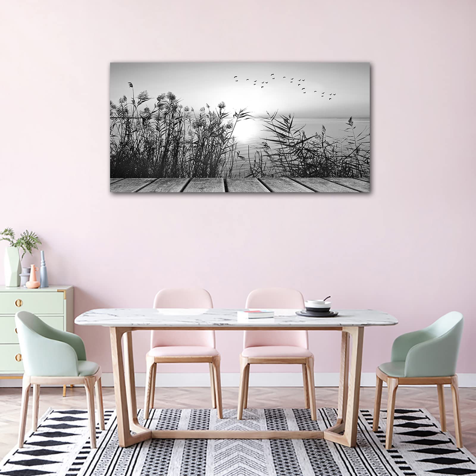 Sunset Lake Wall Art - Black & White Nature Canvas Print with Botanical Reeds & Flying Birds - Large 24x48 Inch Modern Home Decor for Living Room, Bedroom, Dining Room, Kitchen & Office - Perfect for Nature Lovers & Contemporary Interior Design